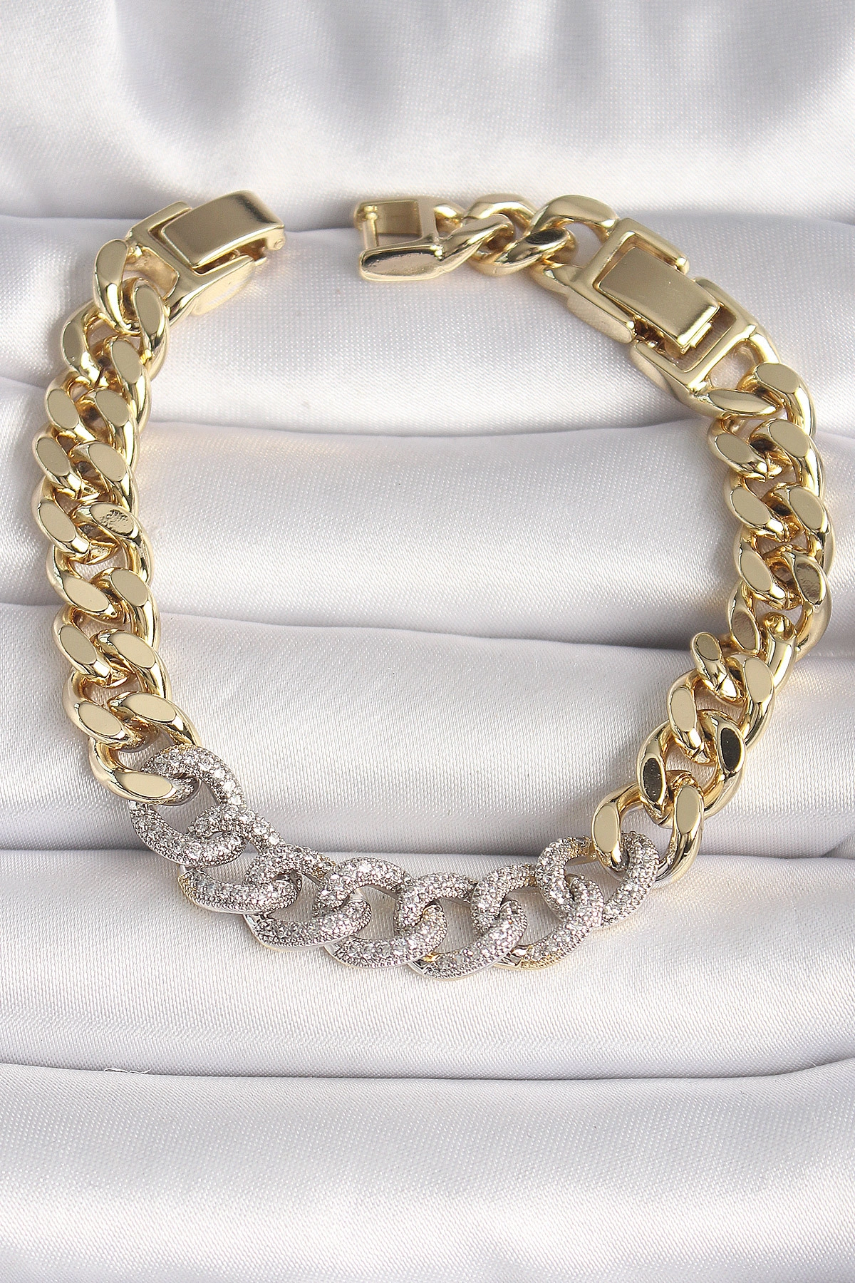 Pirinç Gold Renk Zirkon Taşlı Halka Zincir Xuping VIP Seri Exculusive Kadın Bileklik-0