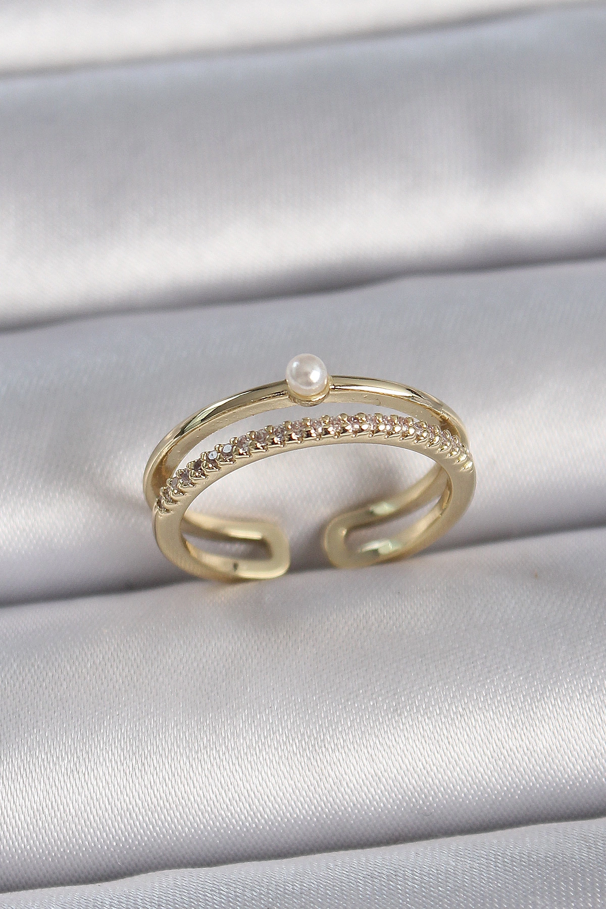 Pirinç Gold Renk Zirkon Taşlı İnci Detay Ayarlanabilir Model Kadın Yüzük-0