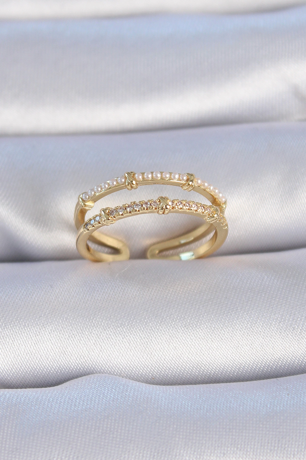 Pirinç Gold Renk Zirkon Taşlı İnci Detay Kadın Yüzük-0