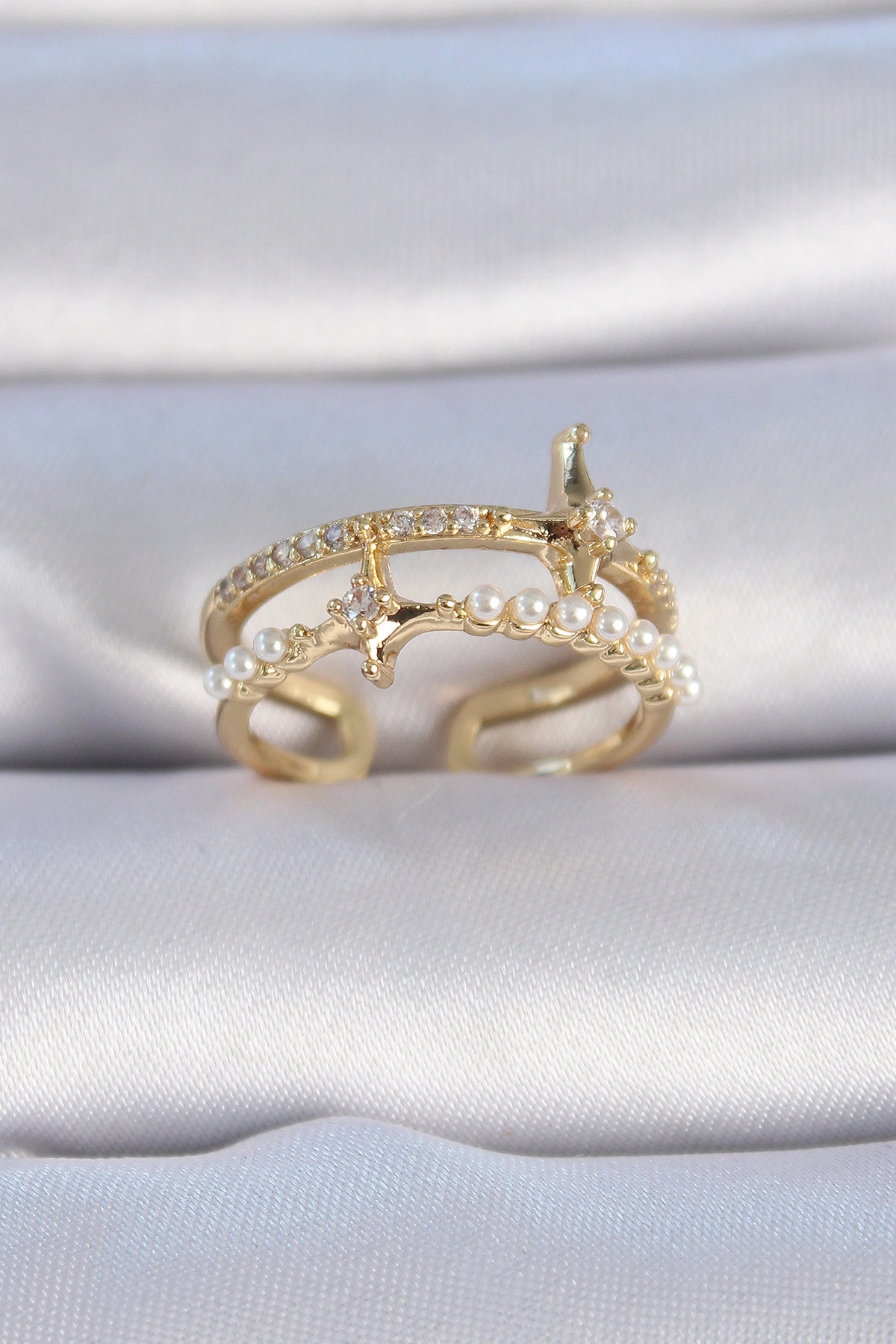 Pirinç Gold Renk Zirkon Taşlı İnci Detay Kutup Yıldızı Model Kadın Yüzük-0