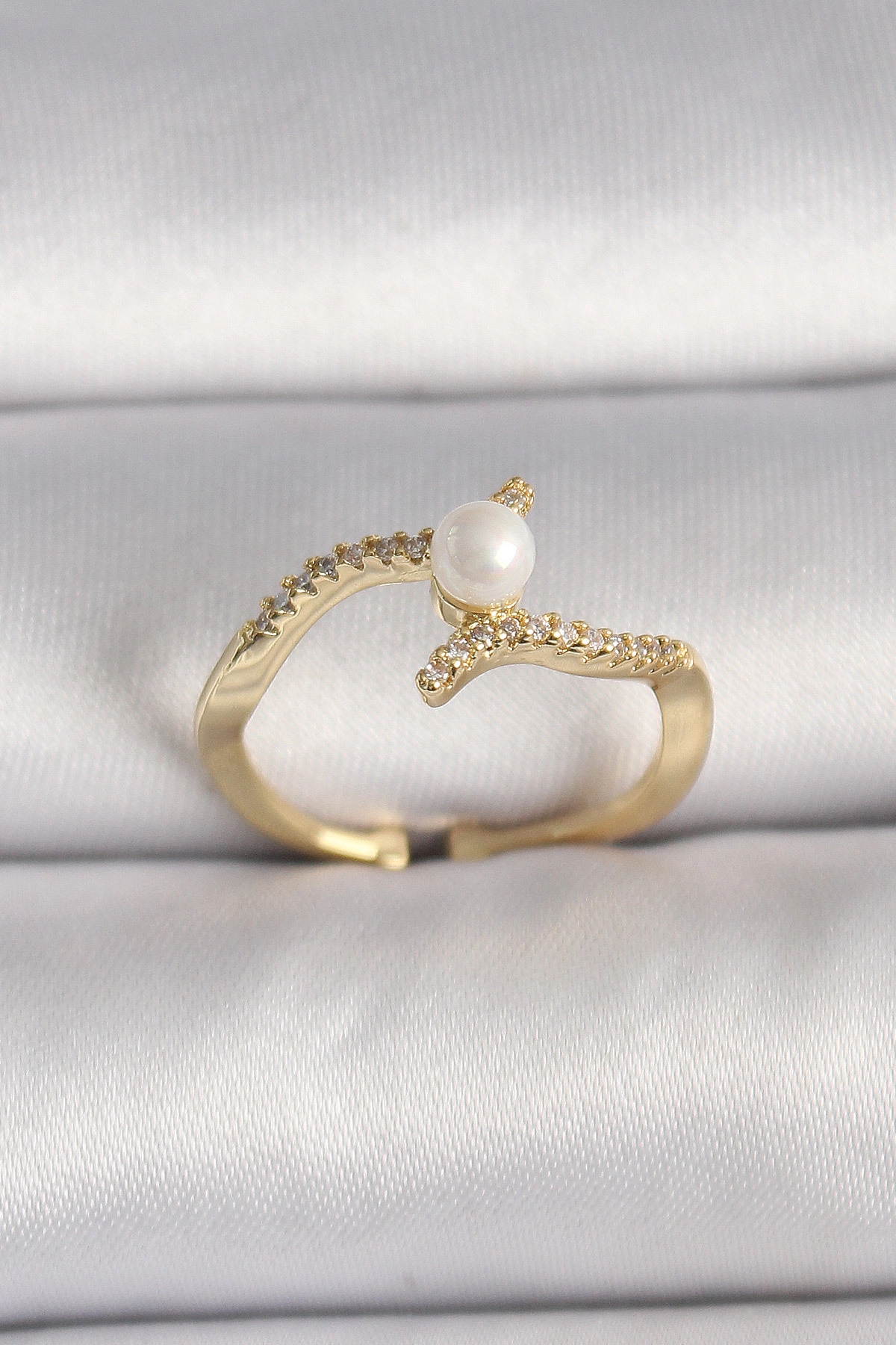 Pirinç Gold Renk Zirkon Taşlı İncili Ayarlanabilir Yüzük-0