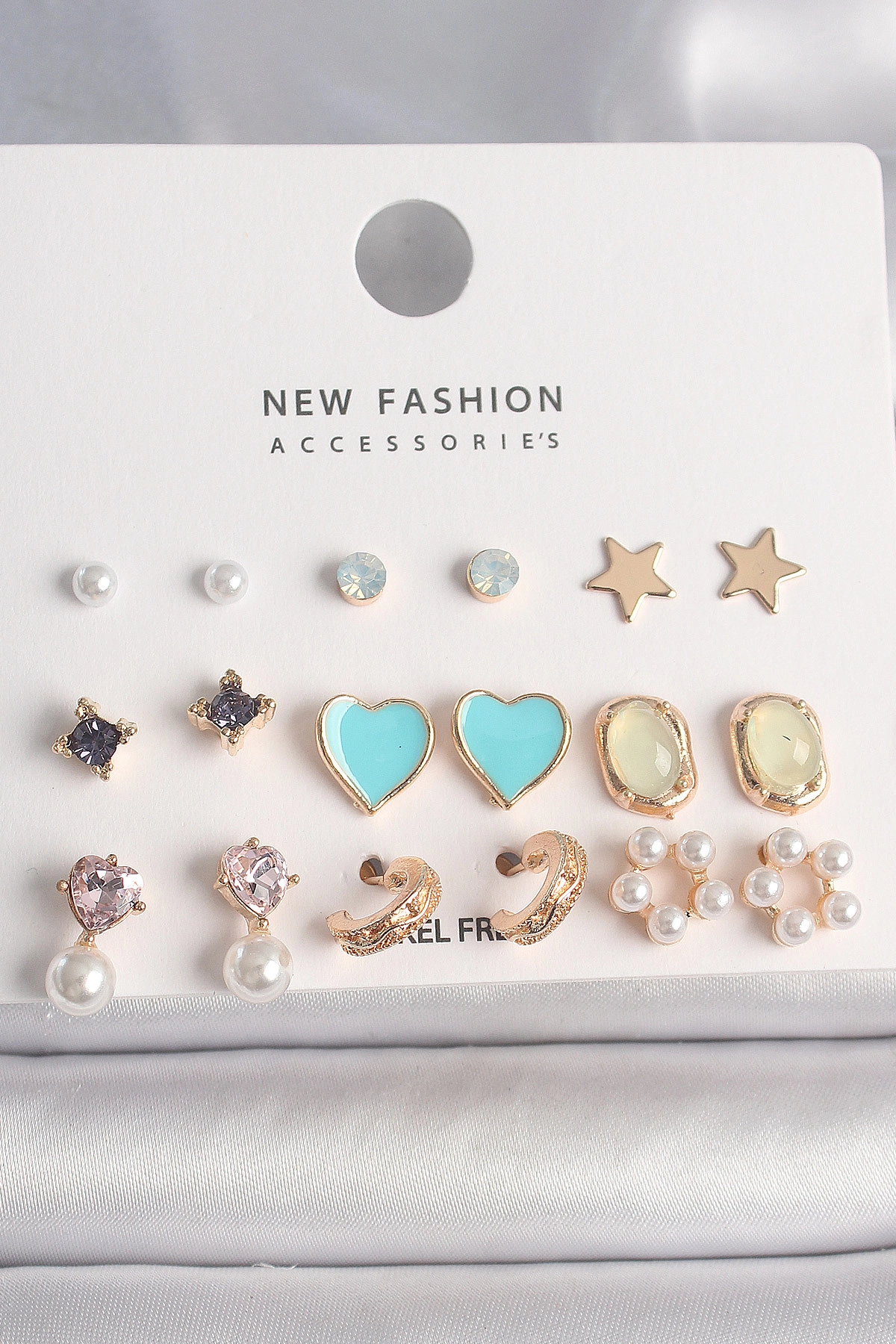 Pirinç Gold Renk Zirkon Taşlı İncili Çiçek Mavi Kalp Figür 9 Çift Kadın Küpe Seti-0