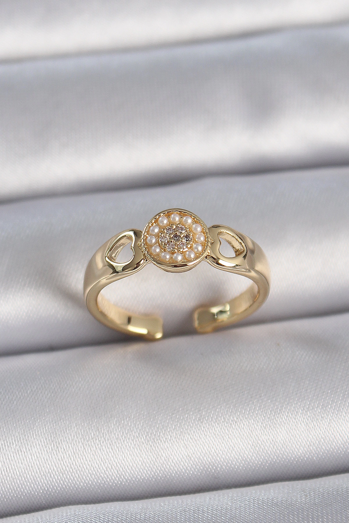 Pirinç Gold Renk Zirkon Taşlı İncili Kalp İşleme Detay Ayarlanabilir Kadın Yüzük-0