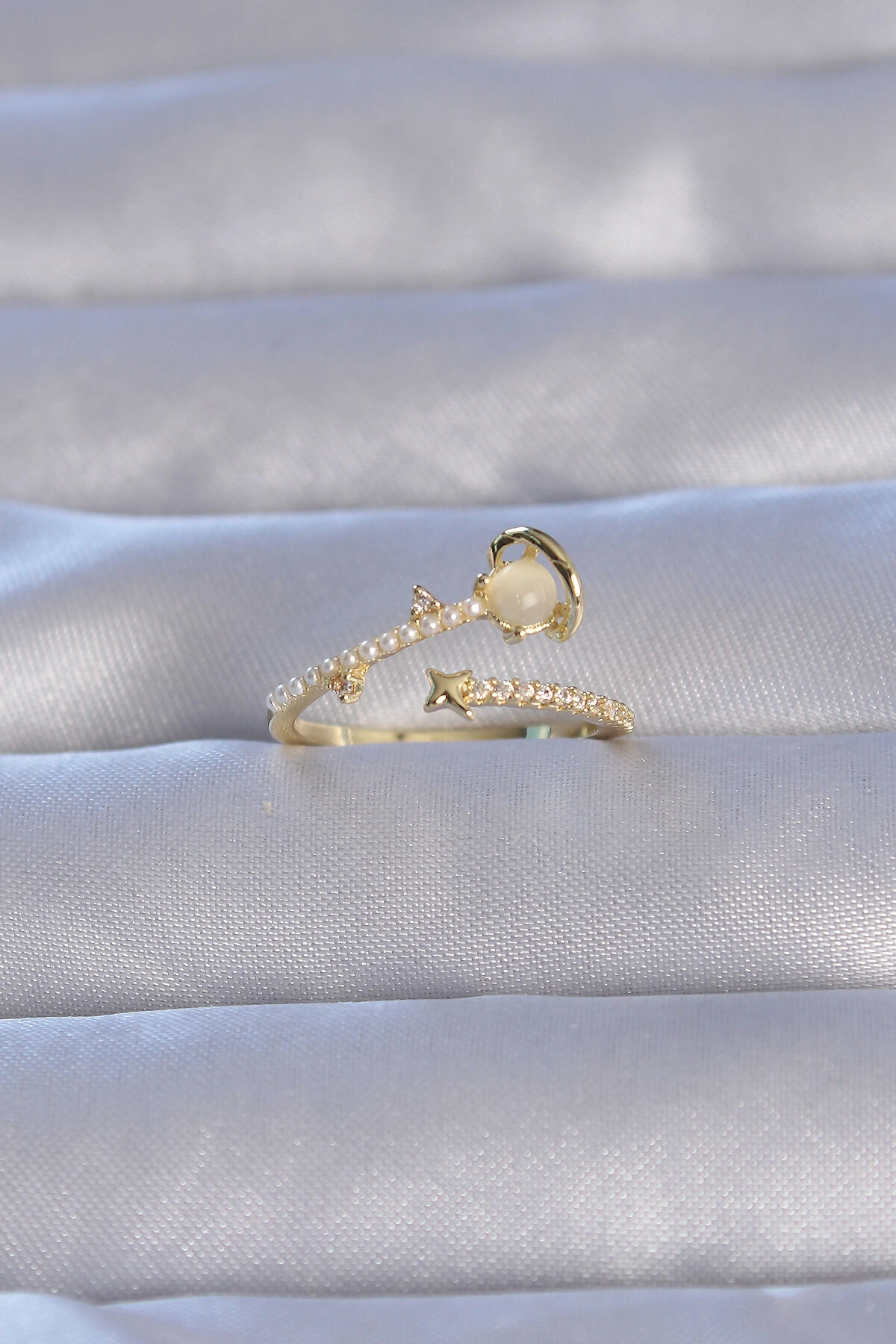 Pirinç Gold Renk Zirkon Taşlı İncili Satürn Model Ayarlanabilir Yüzük-0