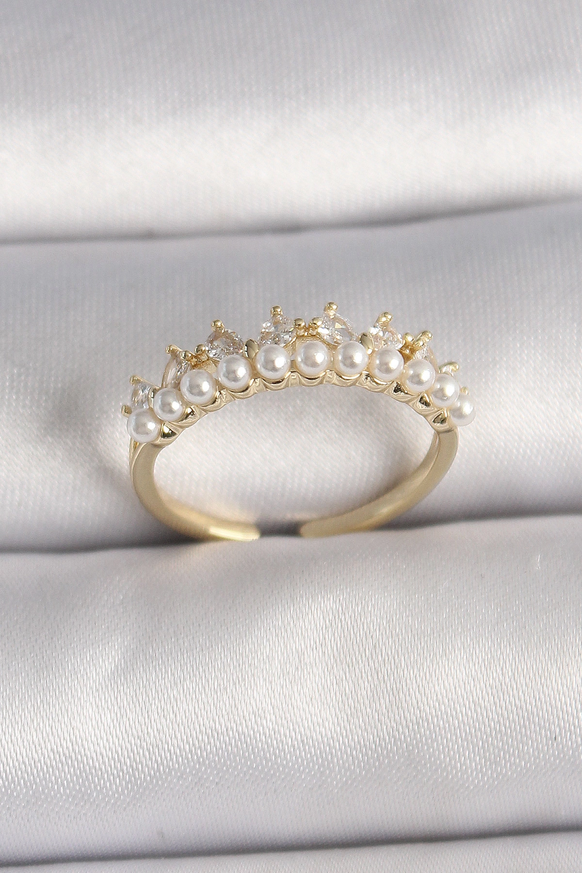 Pirinç Gold Renk Zirkon Taşlı İncili Taç Model Ayarlanabilir Kadın Yüzük-0