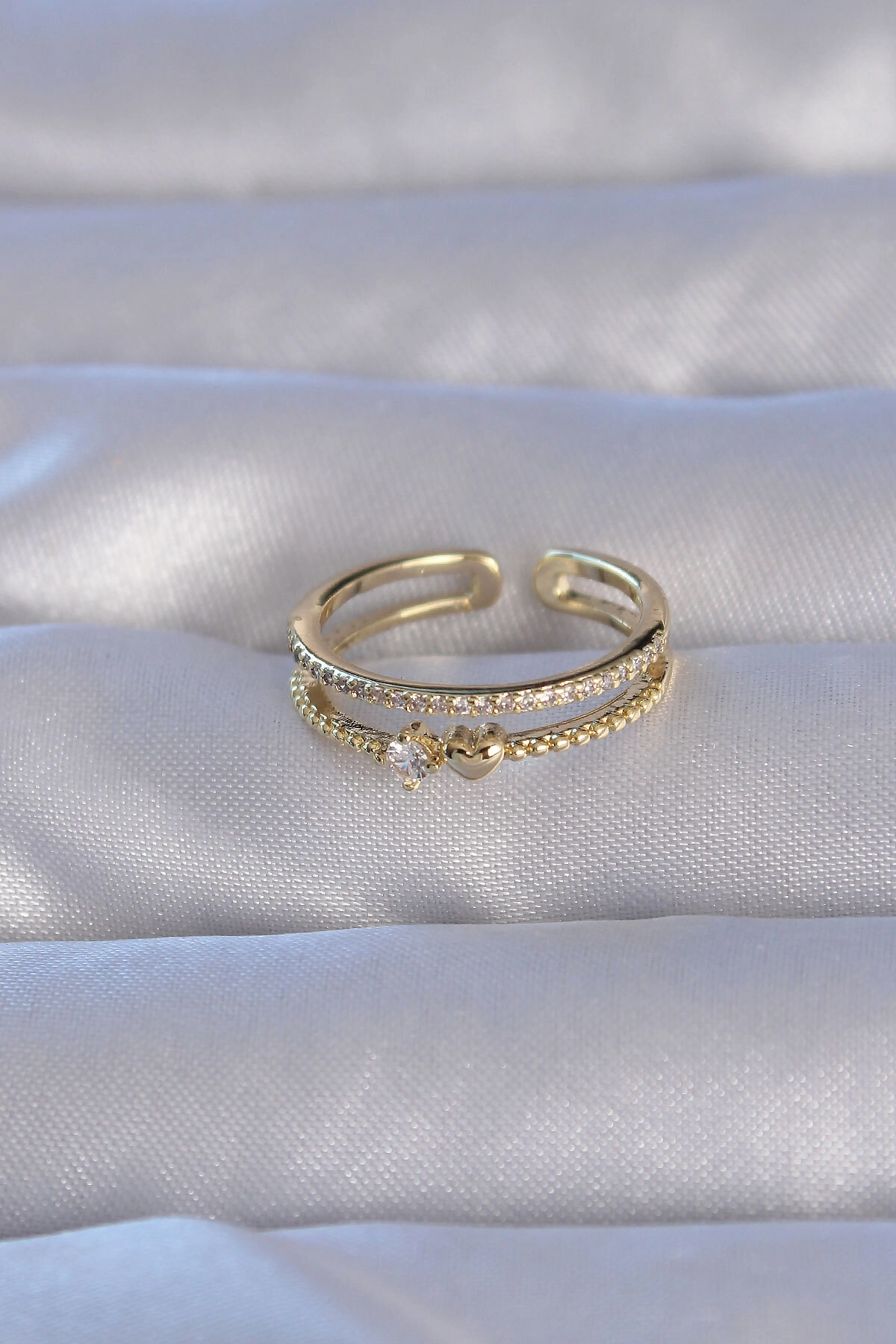 Pirinç Gold Renk Zirkon Taşlı Kalpli Su Yolu Model Ayarlanabilir Yüzük-1