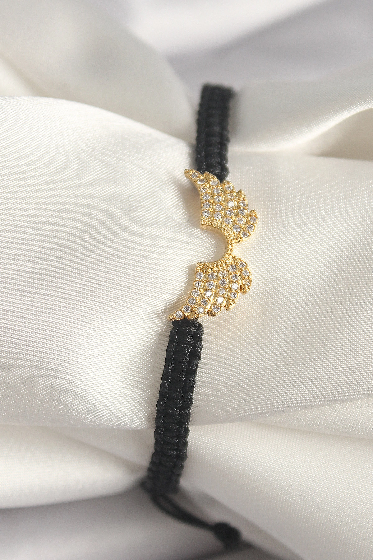 Pirinç Gold Renk Zirkon Taşlı Kanat Figür Asansörlü Makrome Model Kadın Bileklik-0