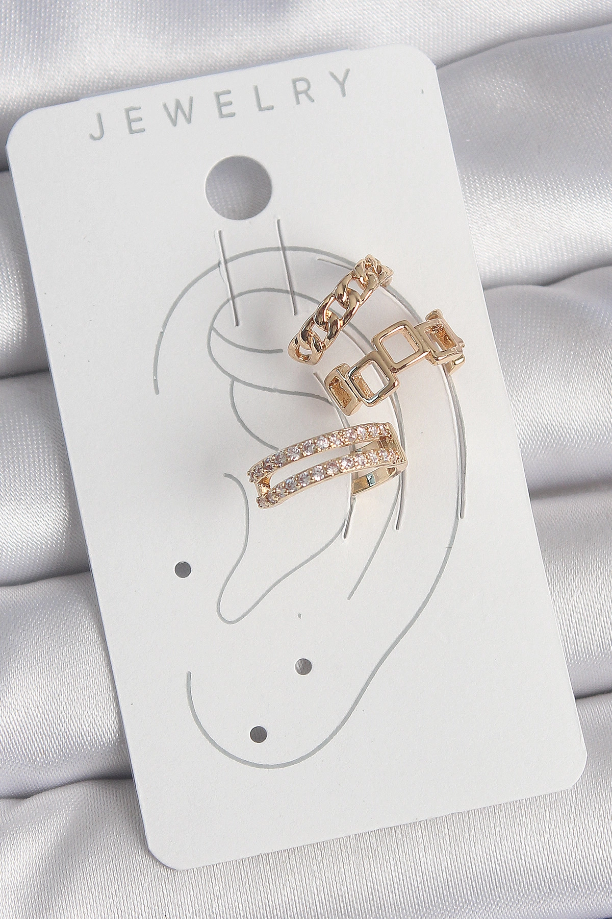 Pirinç Gold Renk Zirkon Taşlı Kare Zincir Model Kadın Kıkırdak Küpe-1