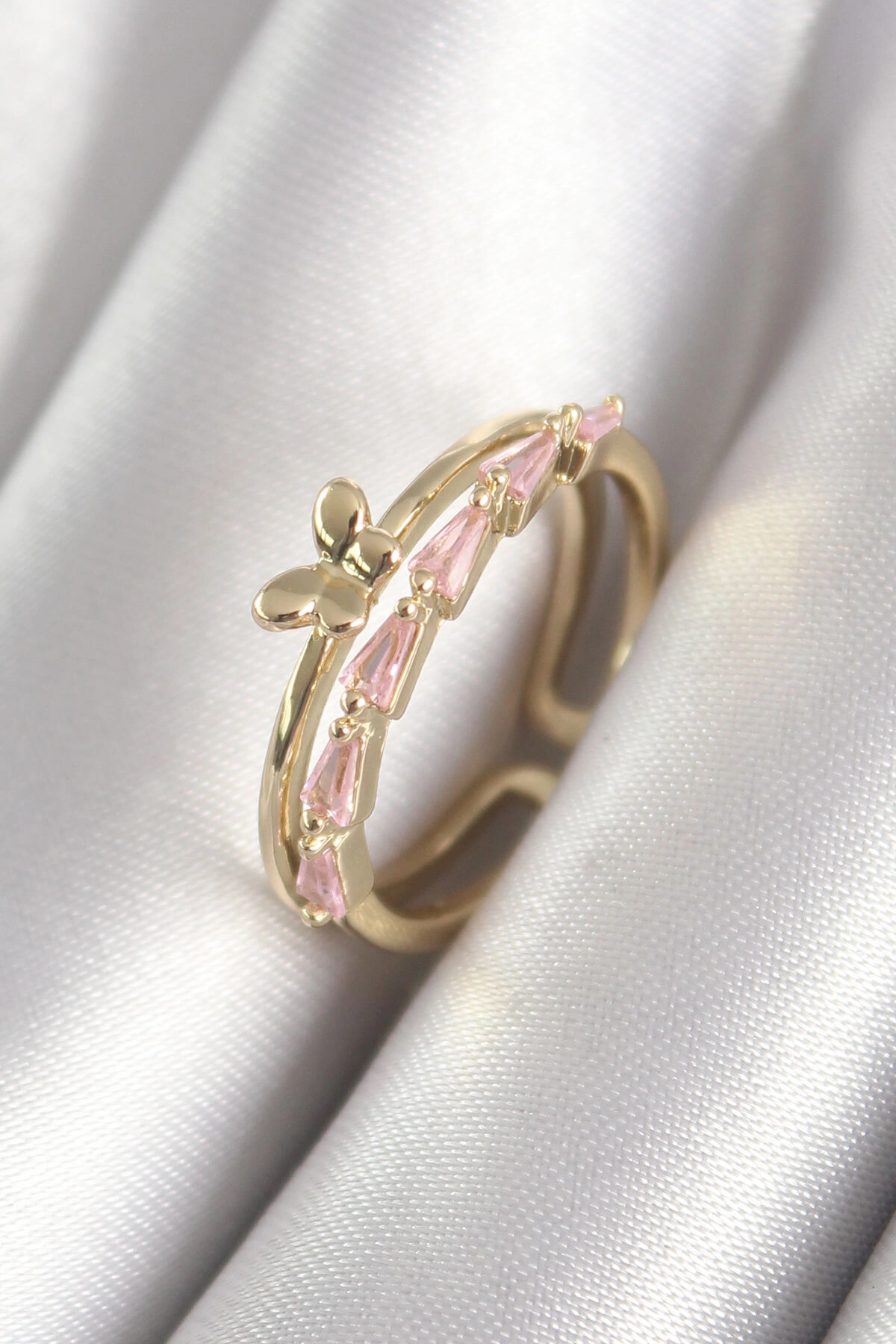 Pirinç Gold Renk Zirkon Taşlı Kelebek Figür Kadın Yüzük-0