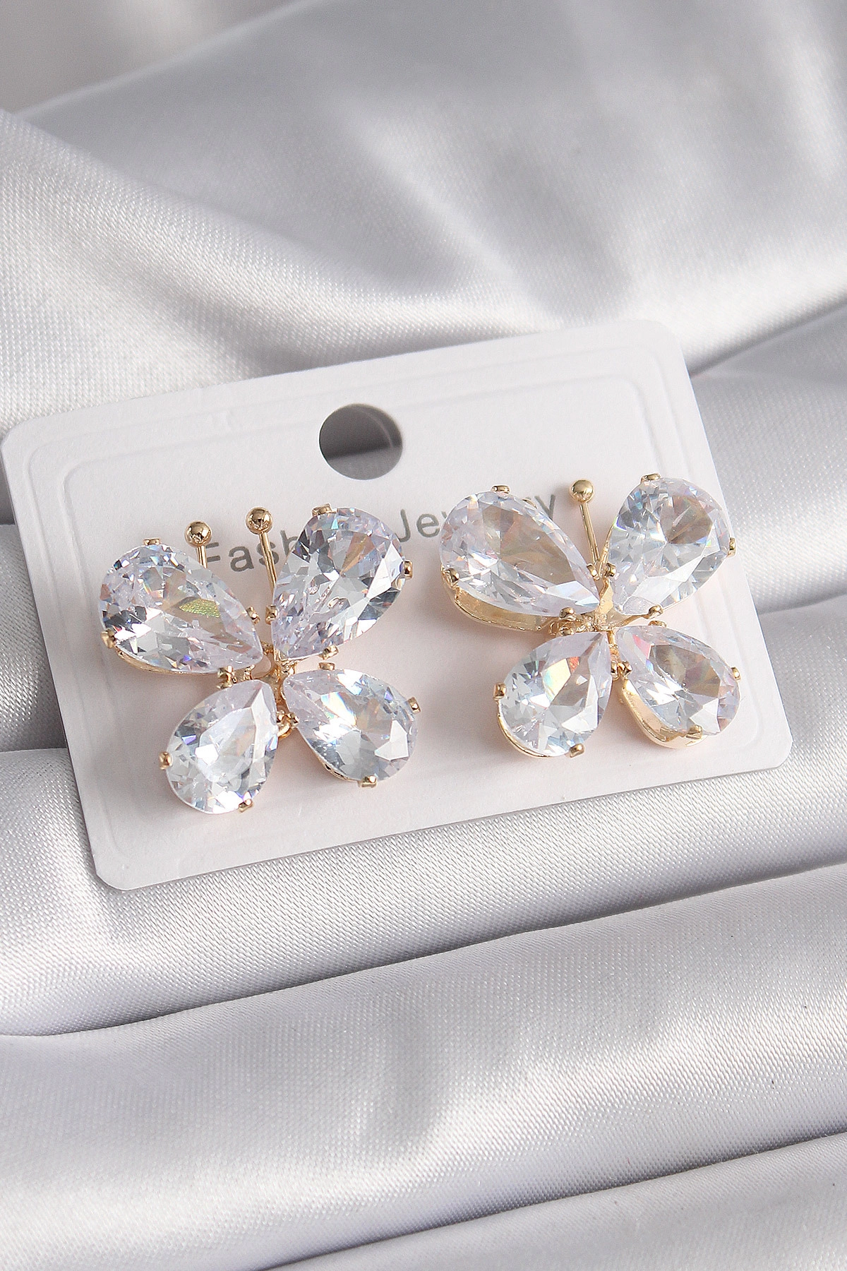 Pirinç Gold Renk Zirkon Taşlı Kelebek Model Kadın Küpe-0