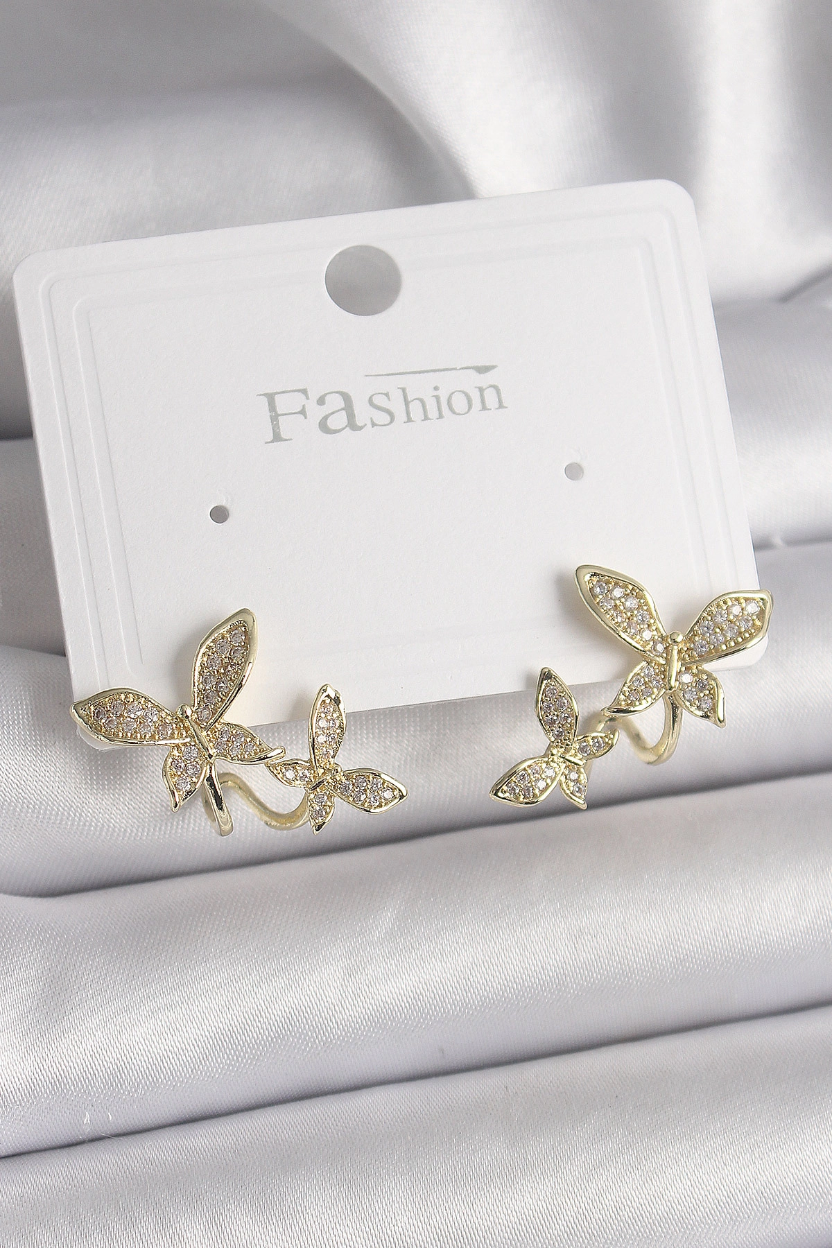 Pirinç Gold Renk Zirkon Taşlı Kelebek Model Kadın Küpe-0