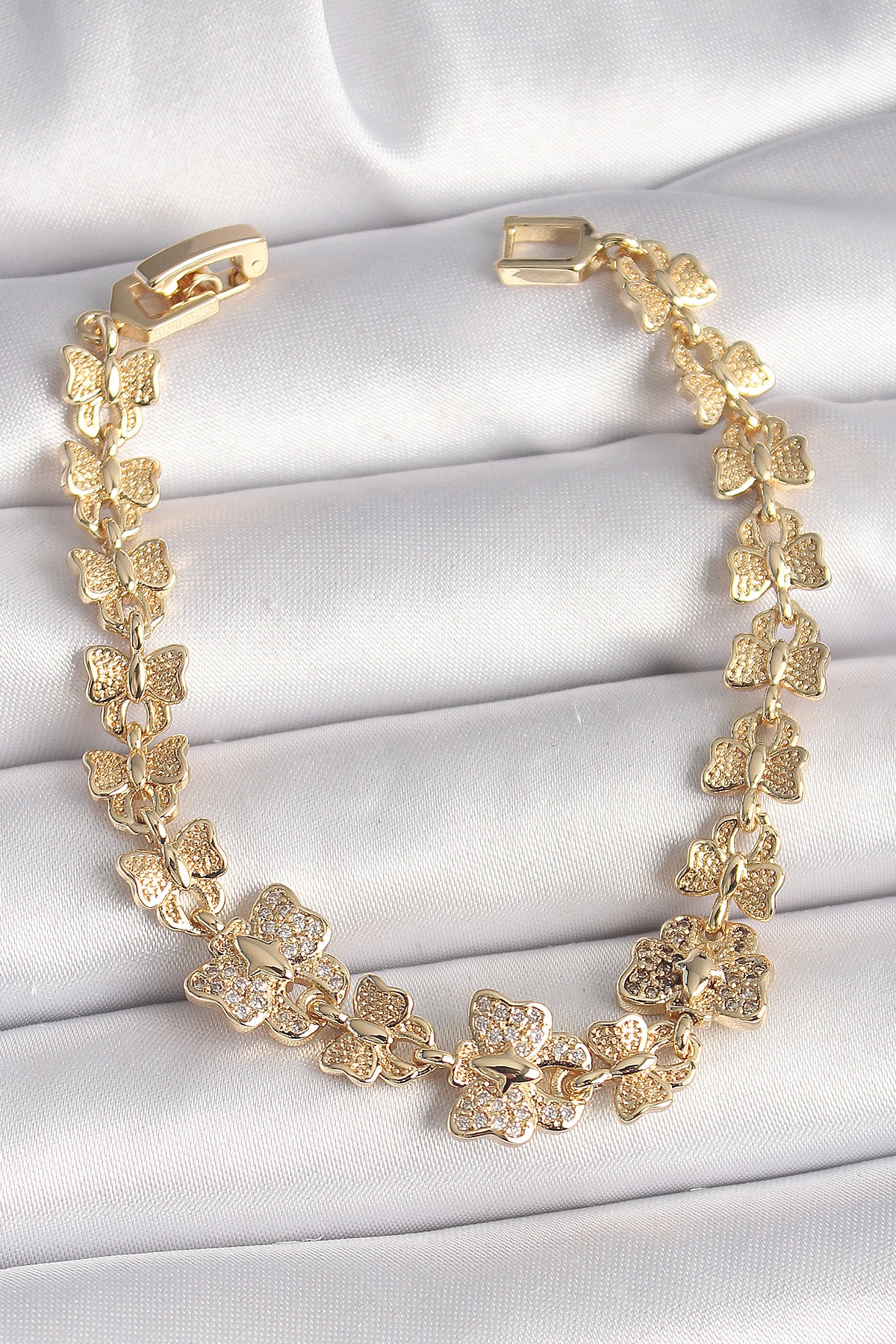 Pirinç Gold Renk Zirkon Taşlı Kelebek Model Zincir Kadın Bileklik-0