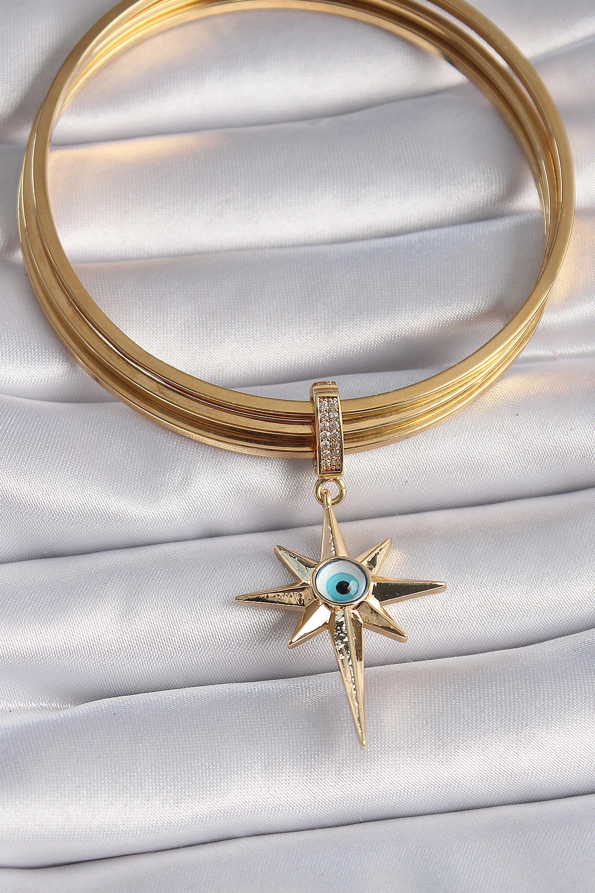 Pirinç Gold Renk Zirkon Taşlı Kutup Yıldızı Nazar Boncuk Detay Ajda Charm-1