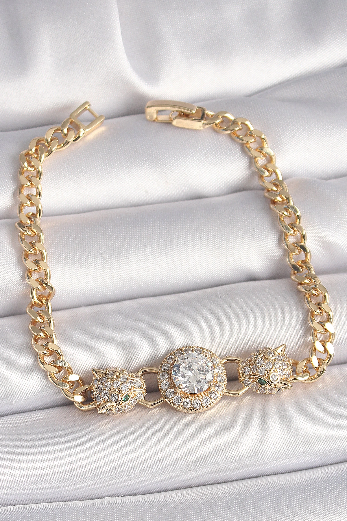 Pirinç Gold Renk Zirkon Taşlı Leopar Figür Zincir Model Kadın Bileklik-0