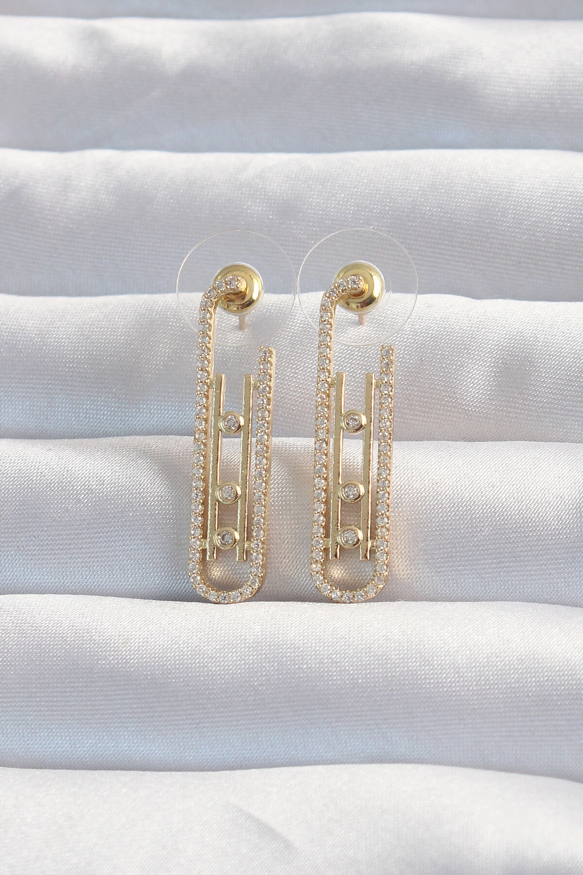 Pirinç Gold Renk Zirkon Taşlı Messika Küpe-0