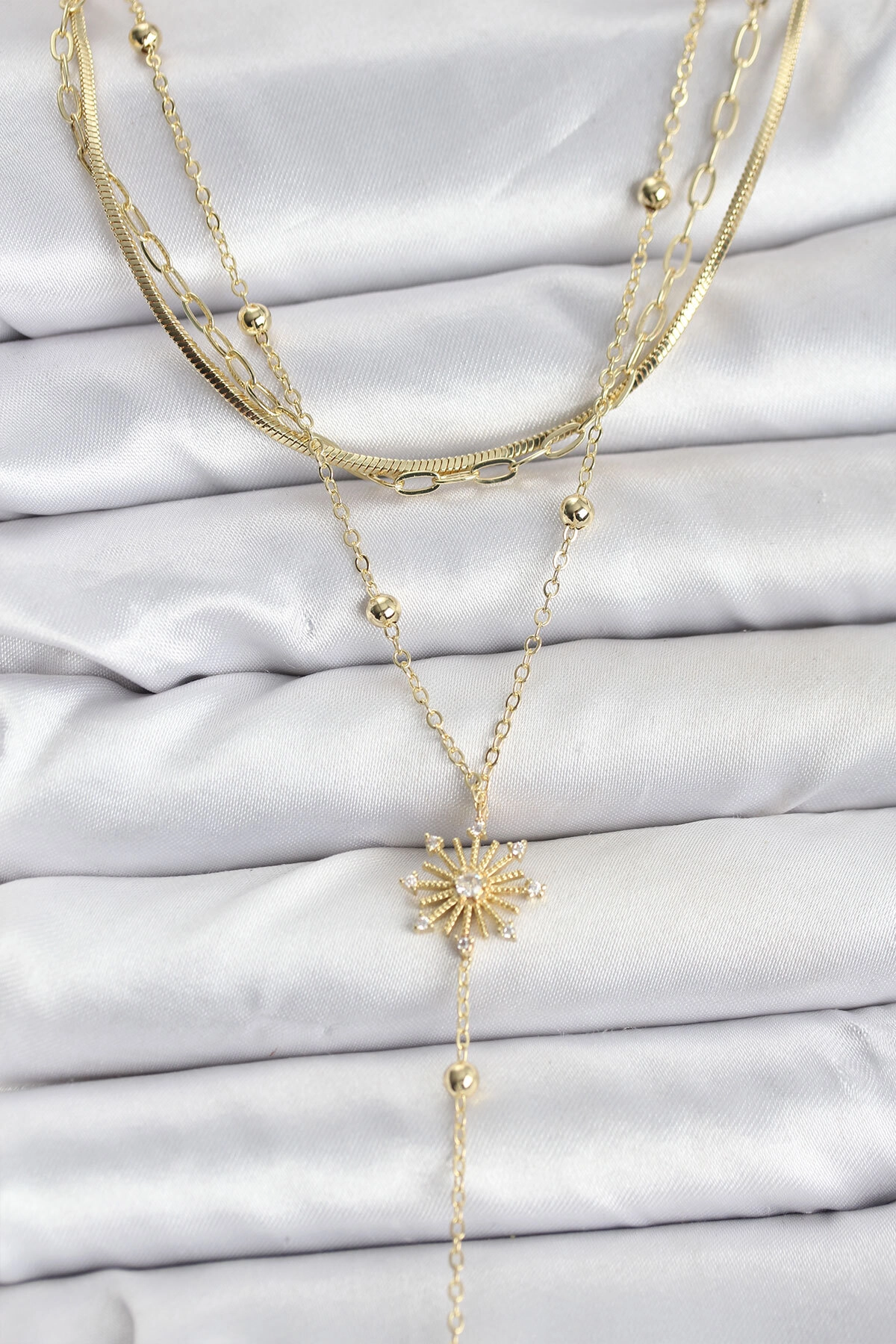 Pirinç Gold Renk Zirkon Taşlı Model Detaylı 3'lü Kombin Y Kadın Kolye-0