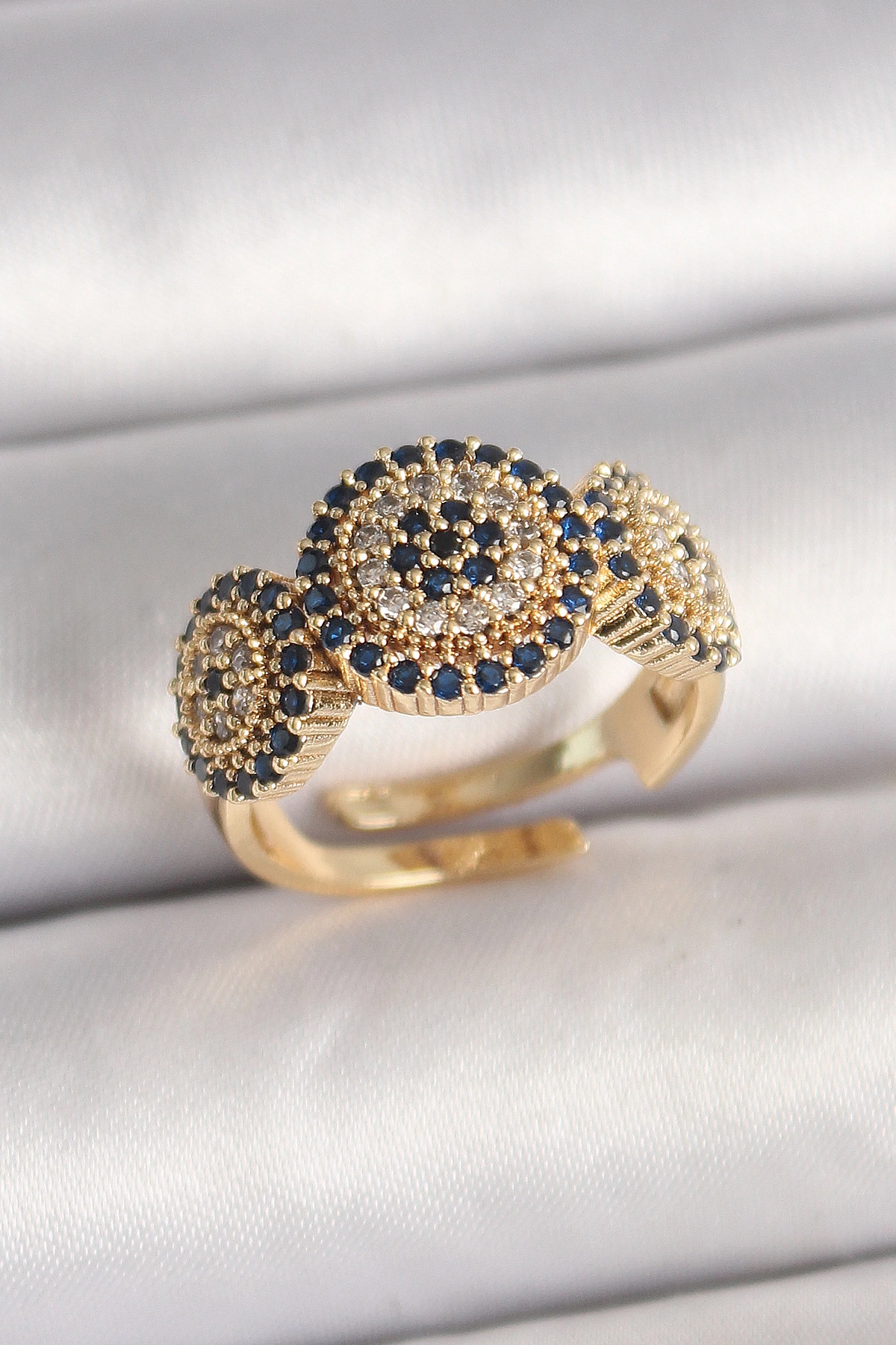 Pirinç Gold Renk Zirkon Taşlı Nazar Boncuk Model Ayarlanabilir Model Kadın Yüzük-0