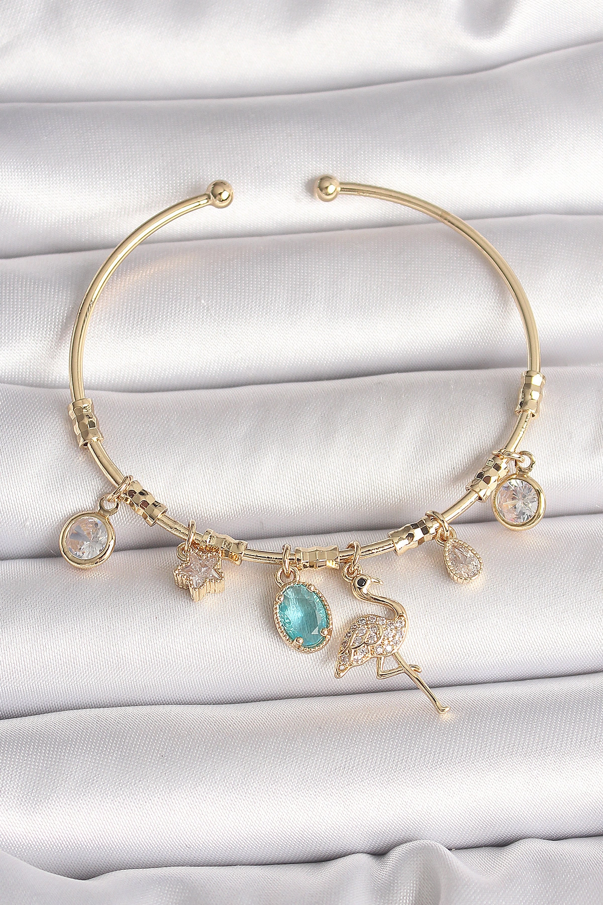 Pirinç Gold Renk Zirkon Taşlı Sallantı Filamingo Figür Charm Kadın Bileklik-0