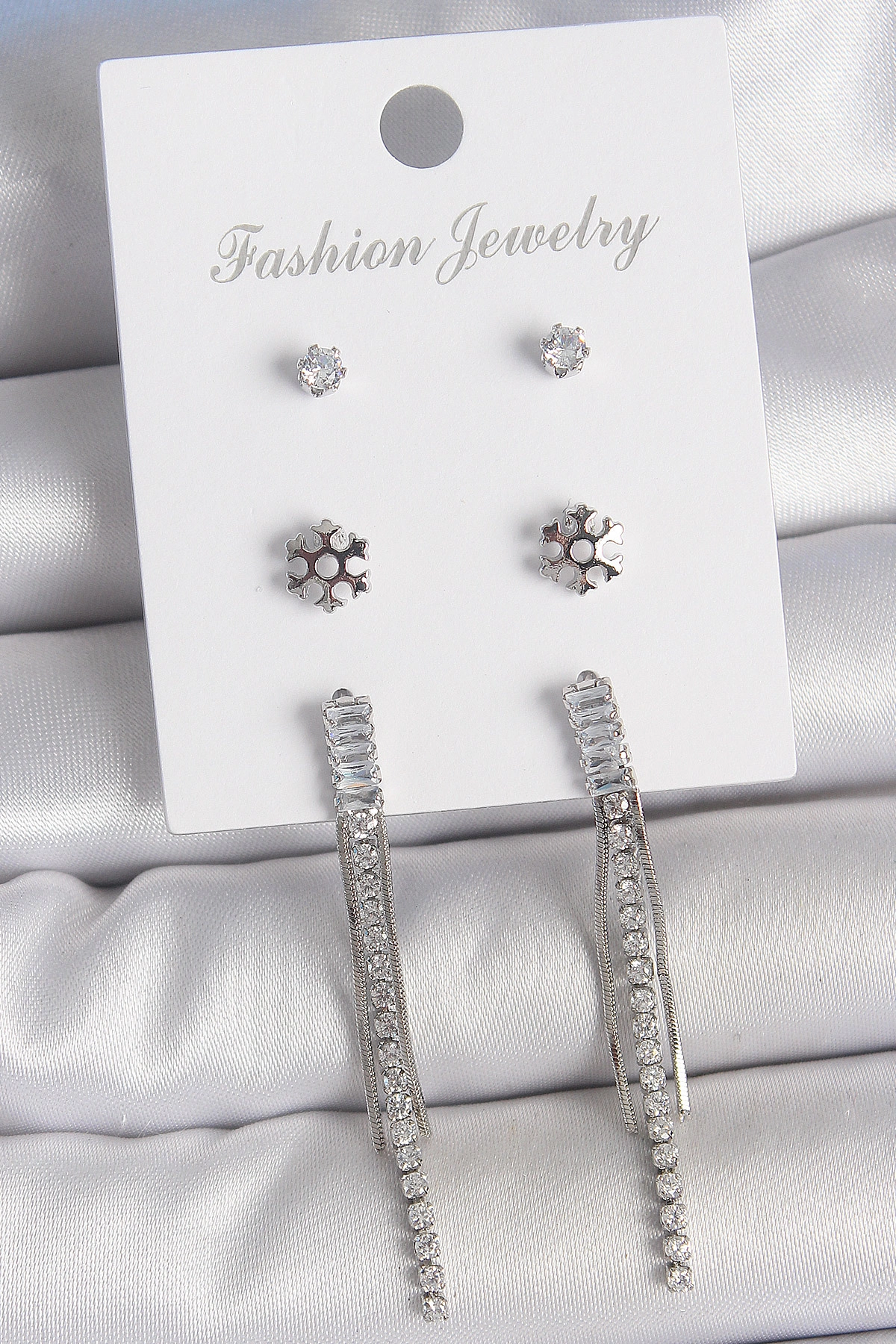 Pirinç Gold Renk Zirkon Taşlı Sallantılı Çiçek Detay 3 Çfit Kadın Küpe Seti-0