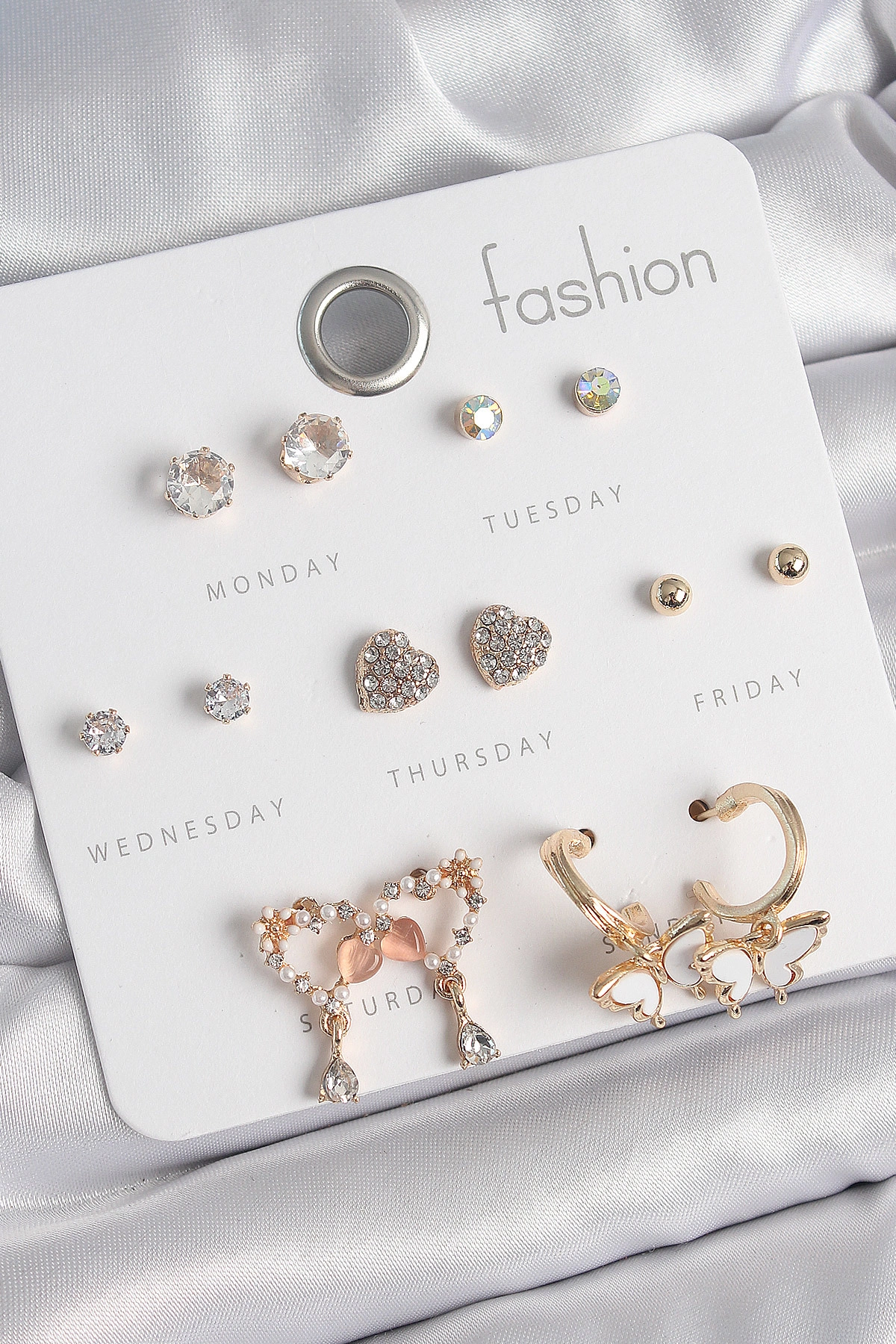 Pirinç Gold Renk Zirkon Taşlı Sallantılı Kalp Figür Kelebek Detay 7 Çift Kadın Küpe Seti-0