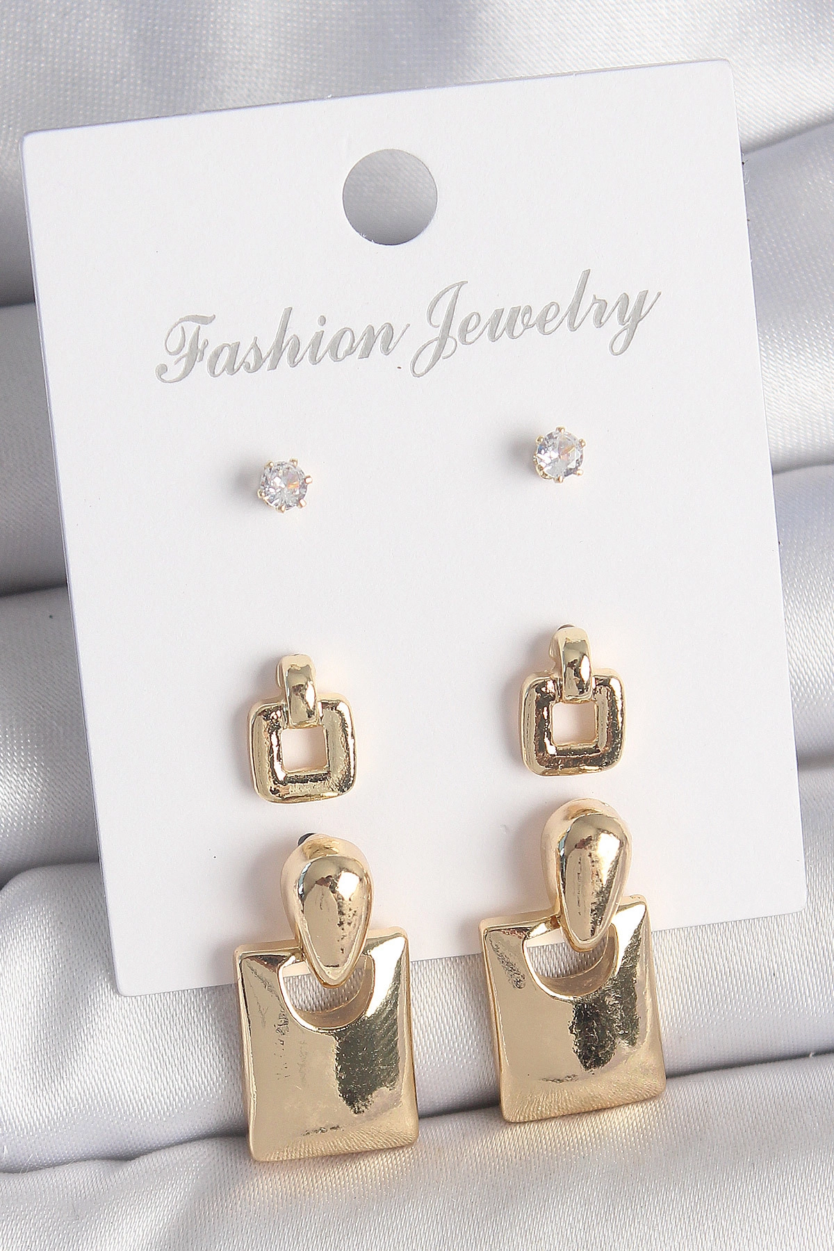 Pirinç Gold Renk Zirkon Taşlı Sallantılı Kare Model 3 Çift Kadın Küpe Seti-0