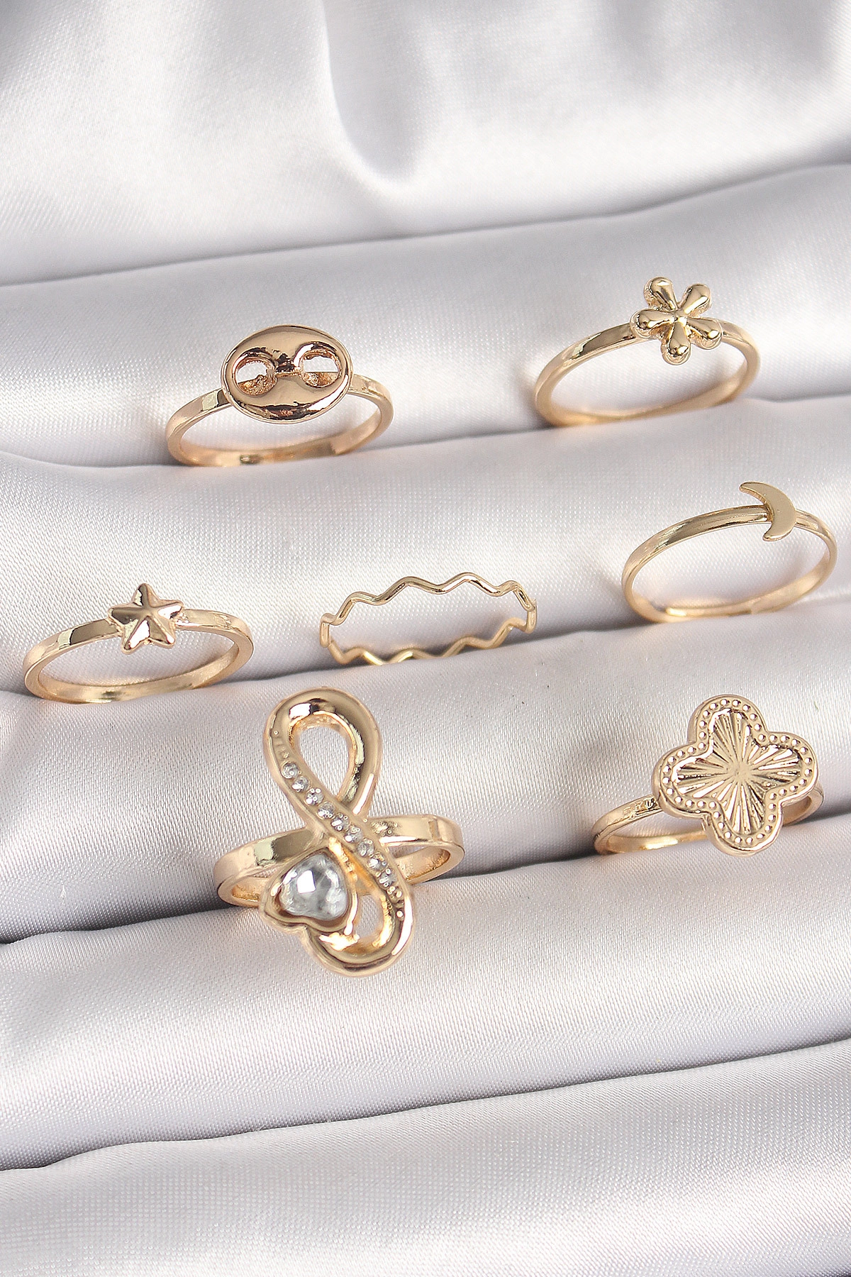 Pirinç Gold Renk Zirkon Taşlı Sonsuzluk Figür Yıldız Detay Kadın Yüzük Seti-0