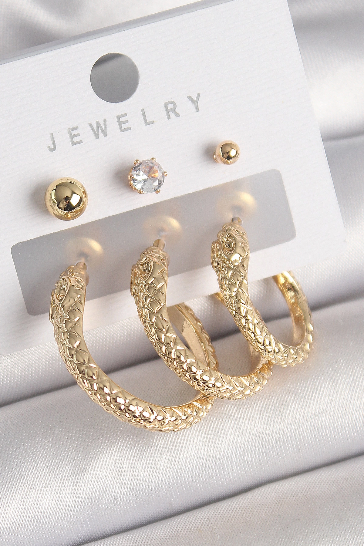 Pirinç Gold Renk Zirkon Taşlı Topçuk Detay Yılan Halka Model Kadın Küpe Seti-0