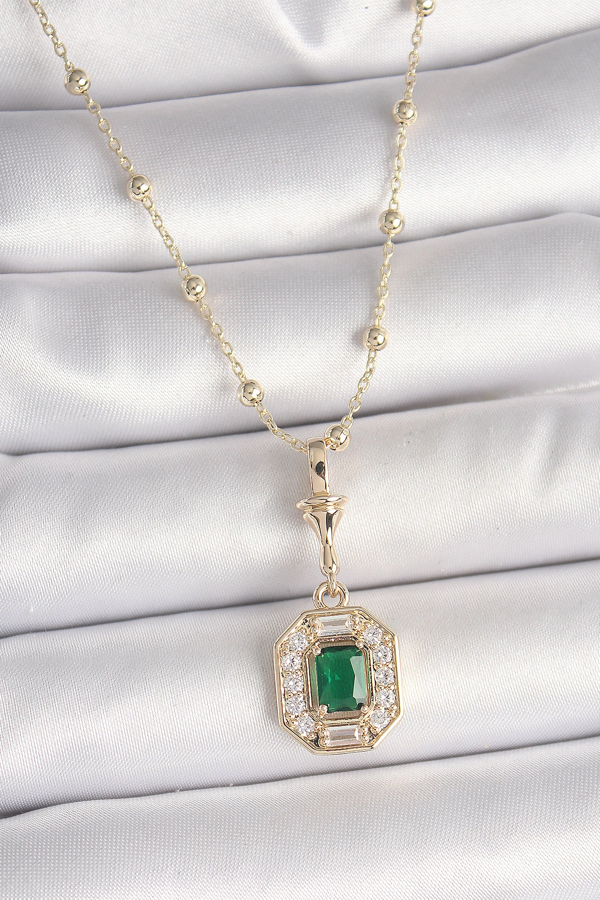 Pirinç Gold Renk Zirkon Taşlı Topçuk Zincir Serenay Model Kadın Kolye-0