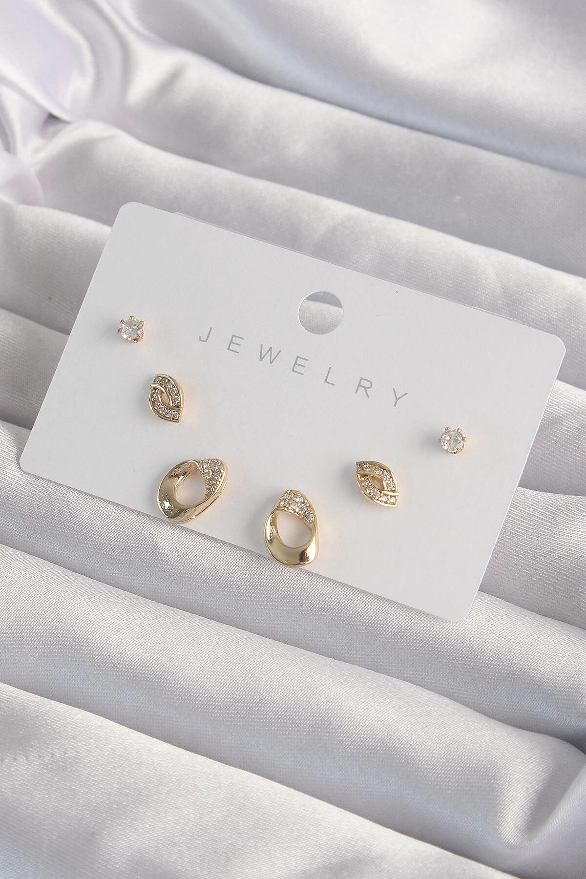 Pirinç Gold Renk Zirkon Taşlı Yaprak Model Küpe Seti-0