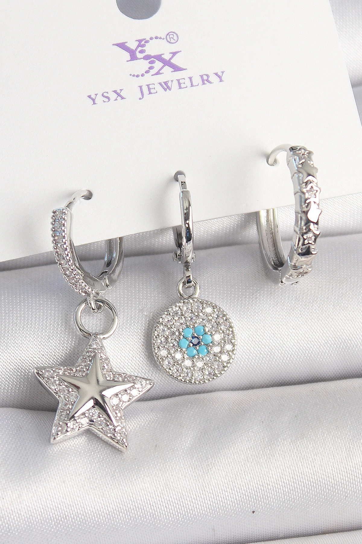 Pirinç Gold Renk Zirkon Taşlı Yıldız Model Nazar Boncuk Detay 3'Lü Kadın Kombin Küpe-0