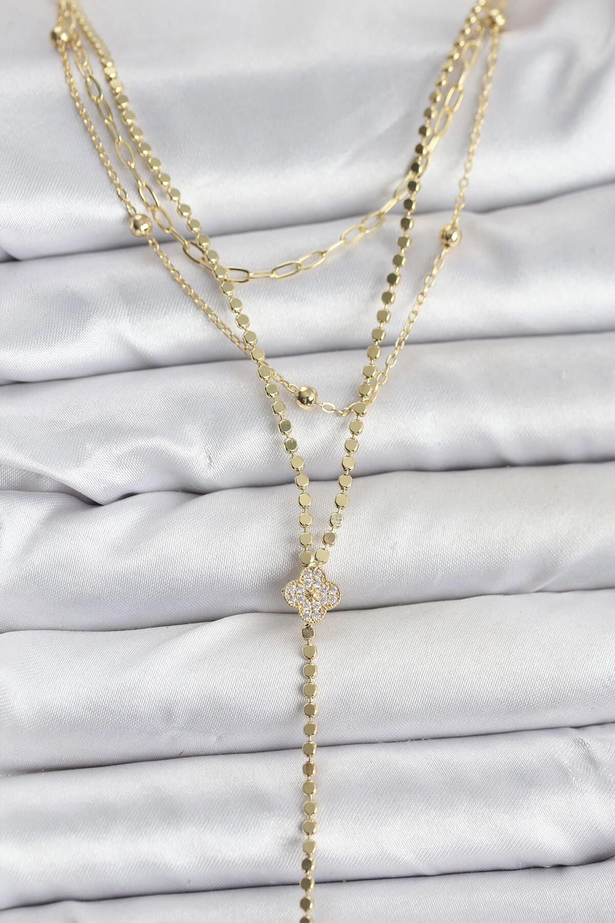 Pirinç Gold Renk Zirkon Taşlı Yonca Model Detaylı 3'lü Kombin Y Kadın Kolye-0