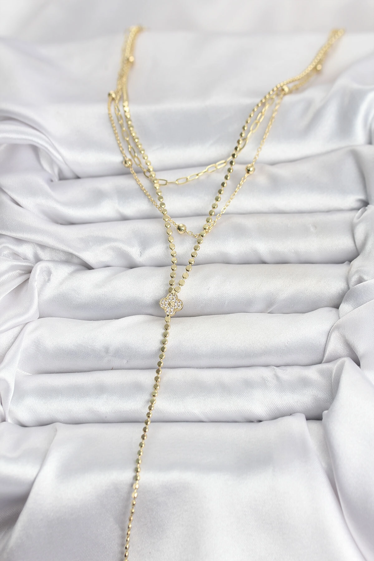 Pirinç Gold Renk Zirkon Taşlı Yonca Model Detaylı 3'lü Kombin Y Kadın Kolye-1