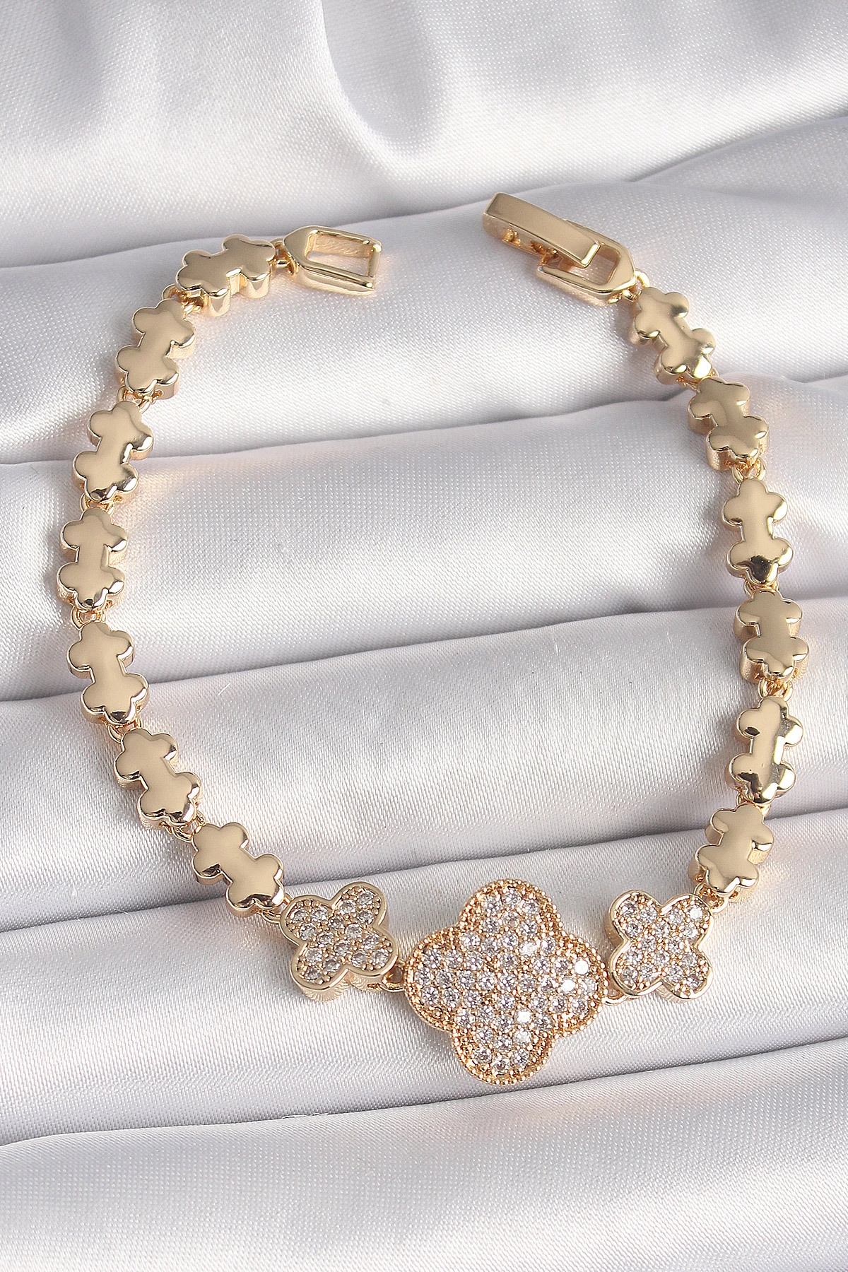 Pirinç Gold Renk Zirkon Taşlı Yonca Model Zincir Kadın Bileklik-0