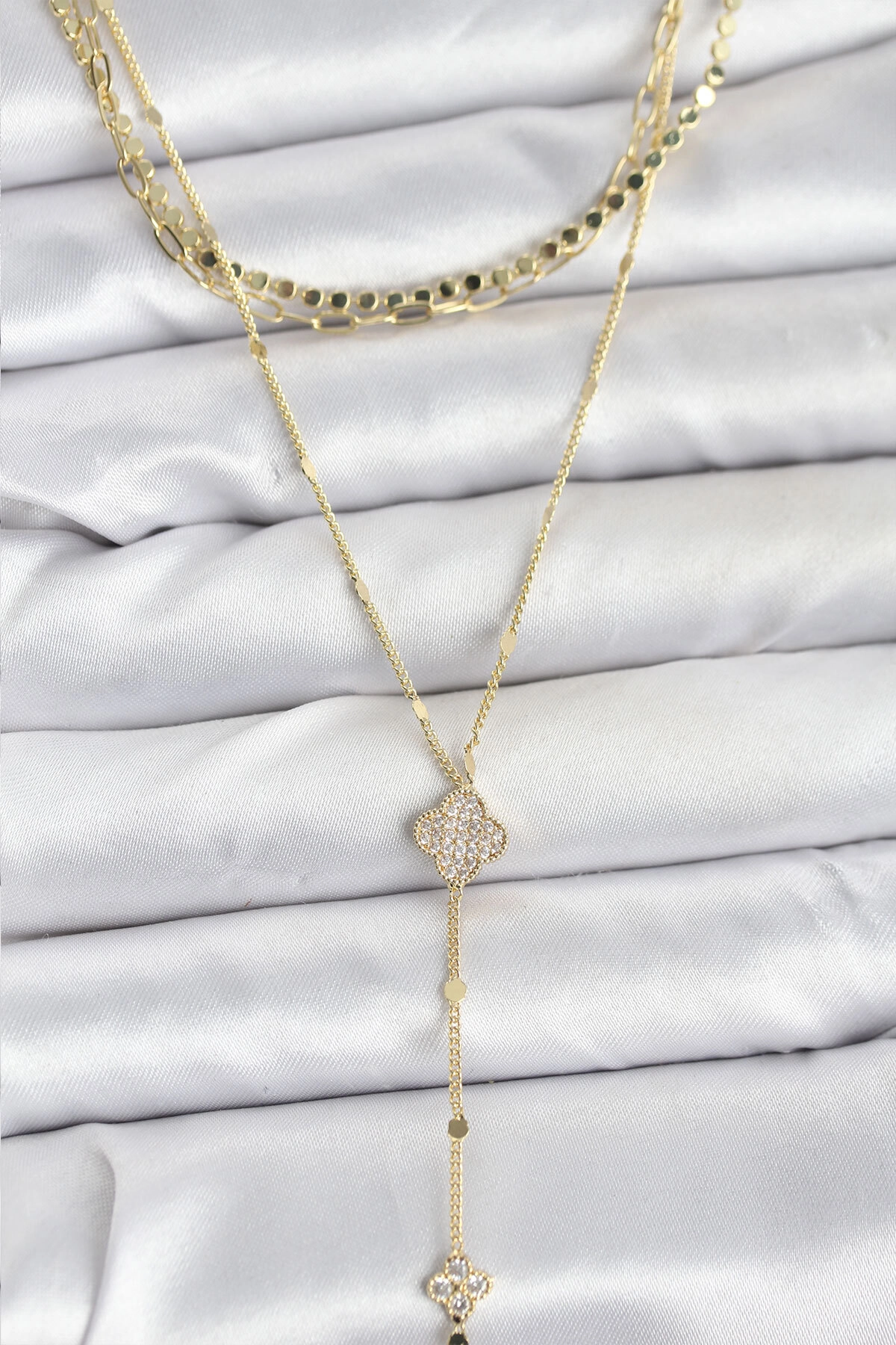 Pirinç Gold Renk Zirkon Taşlı Yoncalı Model Detaylı 3'lü Kombin Y Kadın Kolye-0