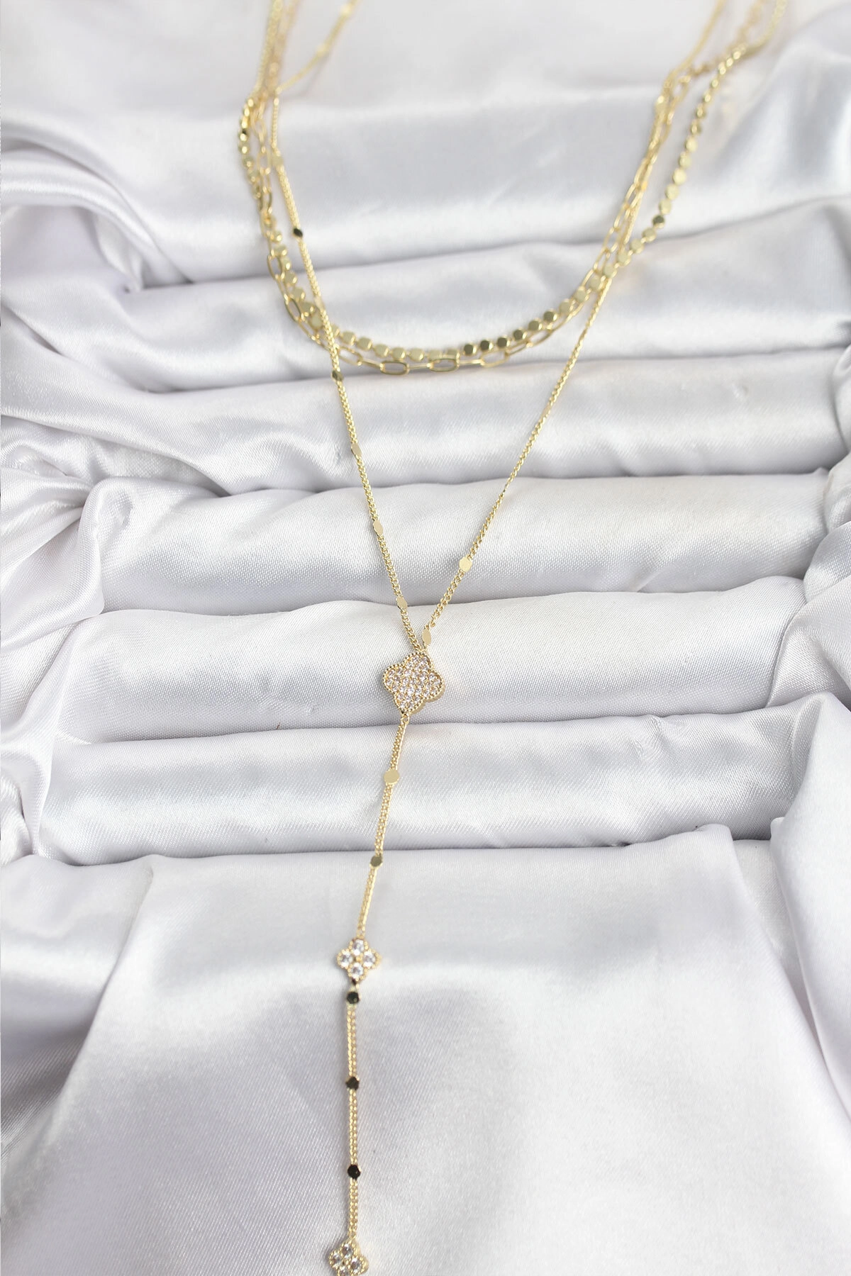 Pirinç Gold Renk Zirkon Taşlı Yoncalı Model Detaylı 3'lü Kombin Y Kadın Kolye-1