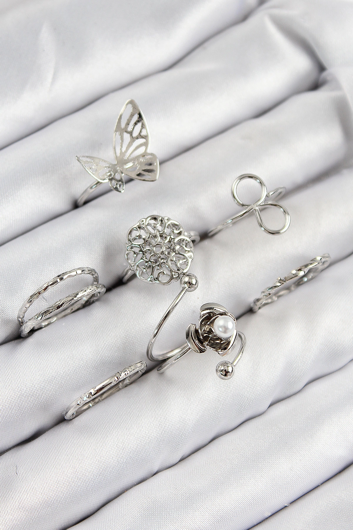 Pirinç Gül Kelebek Model Gümüş Renk Kadın Yüzük Kombin Set-0