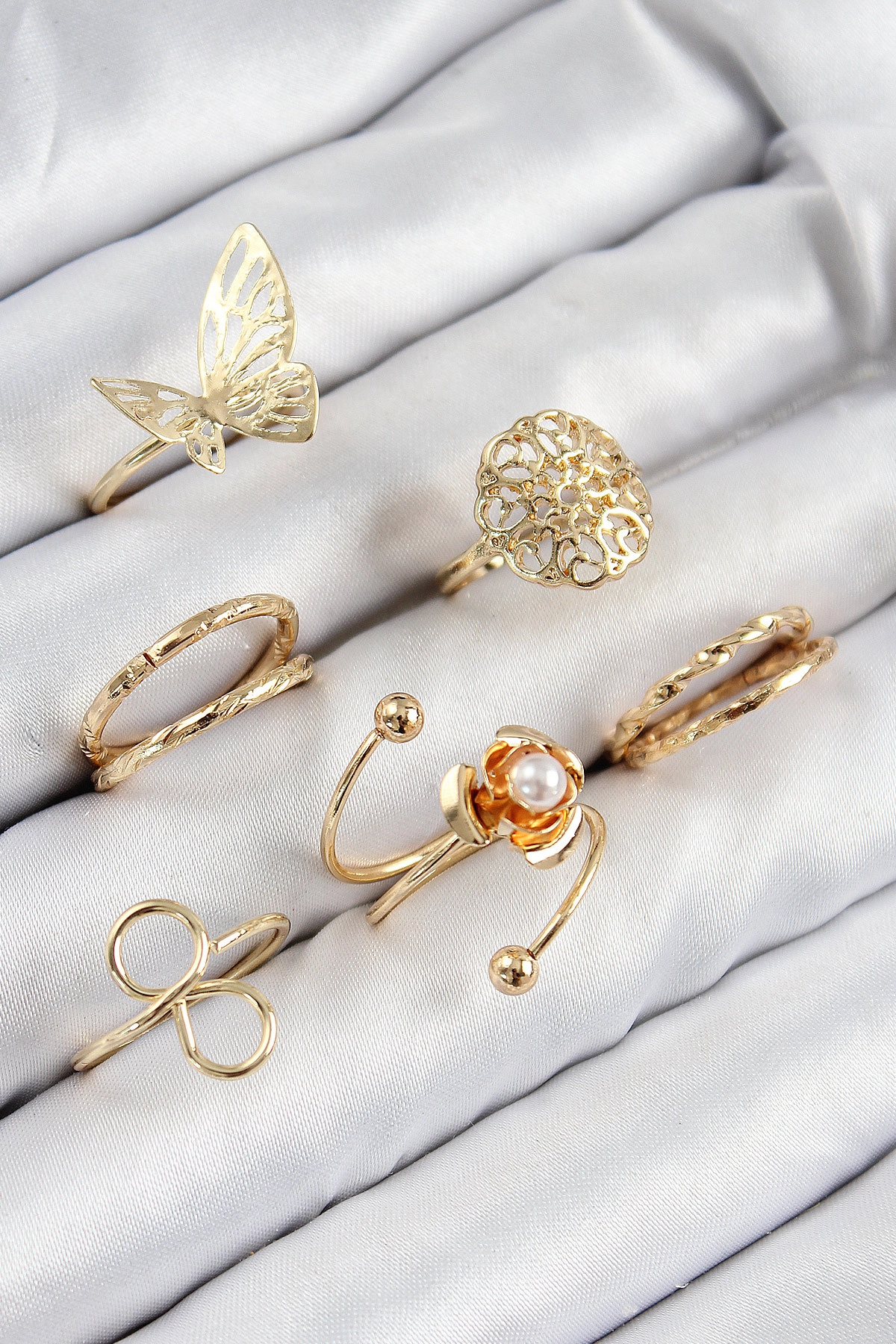 Pirinç Gül Kelebek Model Gümüş Renk Kadın Yüzük Kombin Set-0