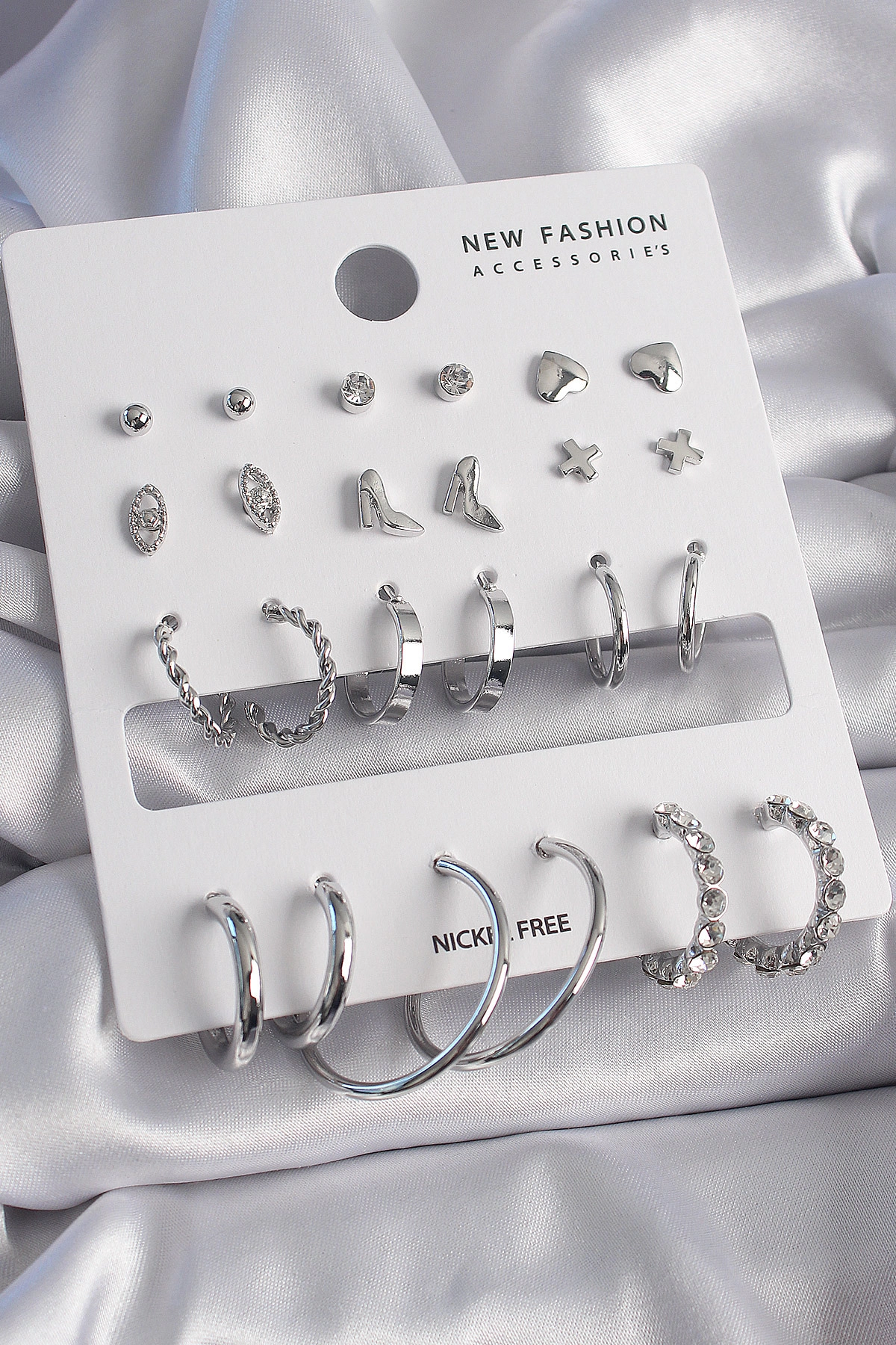 Pirinç Gümüş Renk 12 Çift Kadın Küpe Seti-0