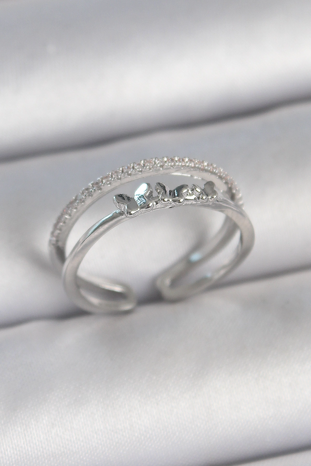 Pirinç Gümüş Renk 2'Li Zirkon Taş Detaylı Kelebek Figür Ayarlanabilir Model Kadın Yüzük-0