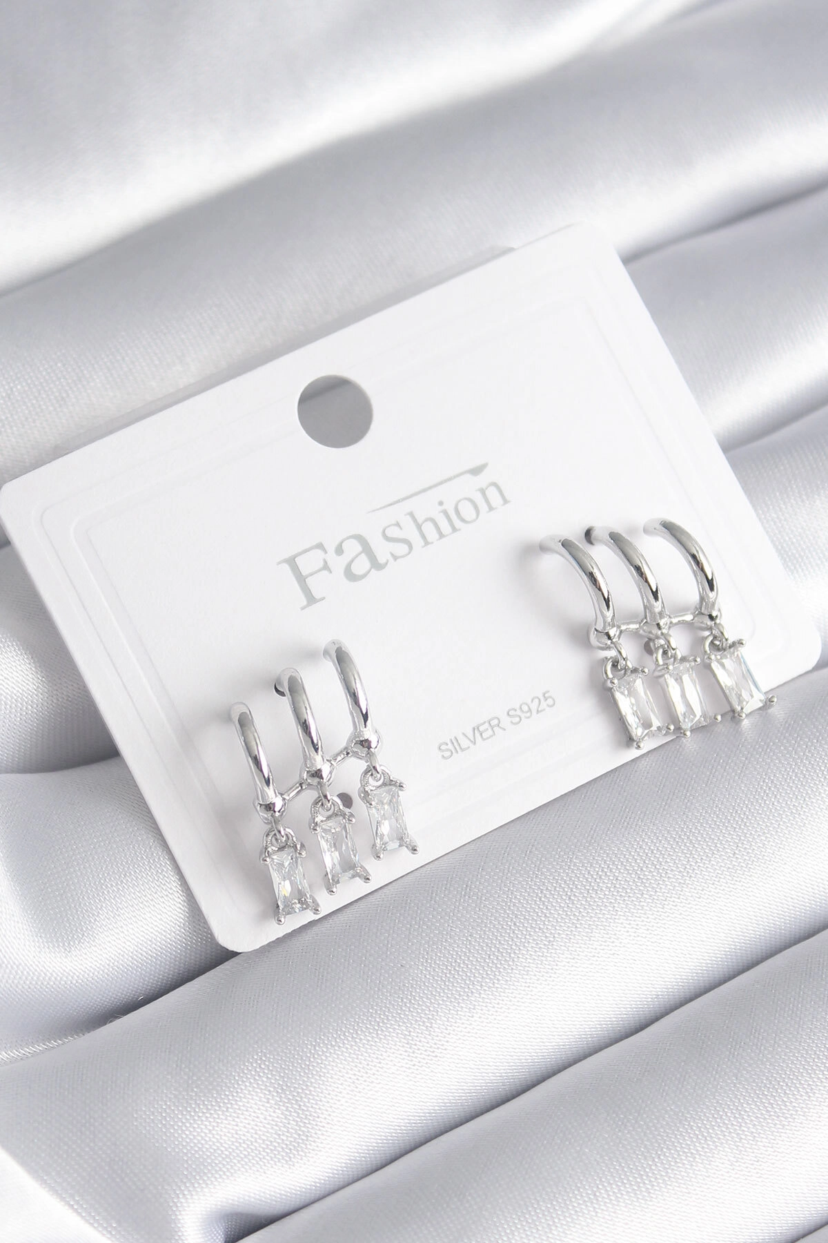 Pirinç Gümüş Renk 3'lü Sallantı Zirkon Taşlı Küpe-0