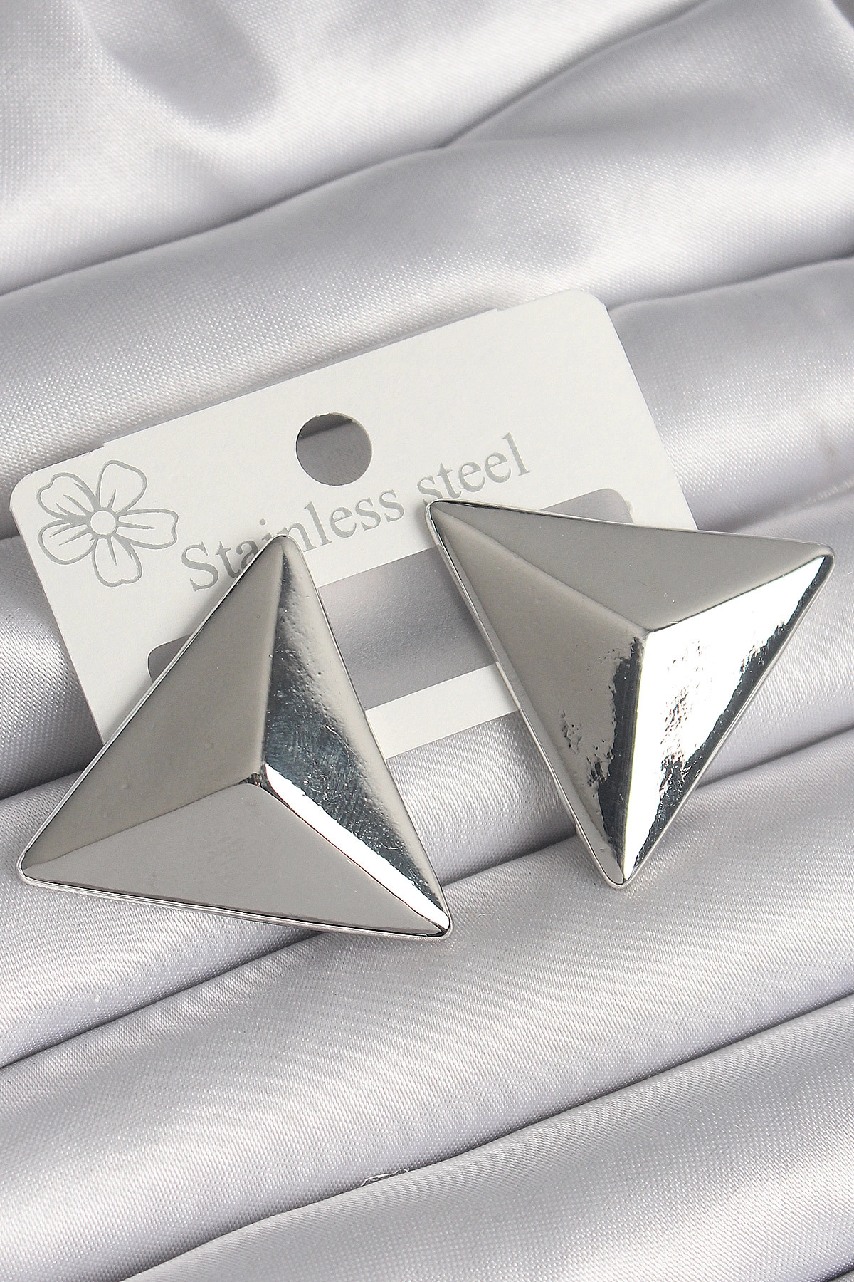 Pirinç Gümüş Renk 3D Üçgen Model Kadın Küpe-0