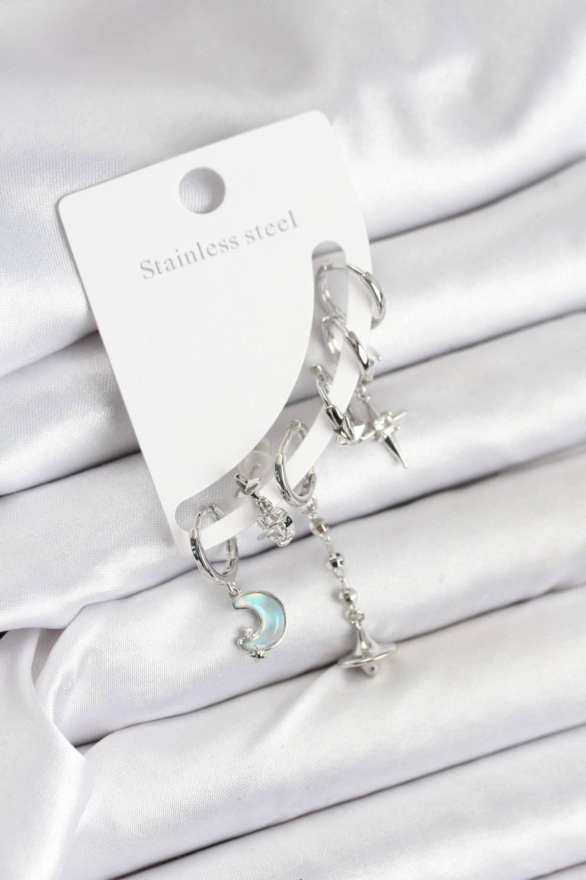 Pirinç Gümüş Renk Ay Model Kadın Set Küpe-0