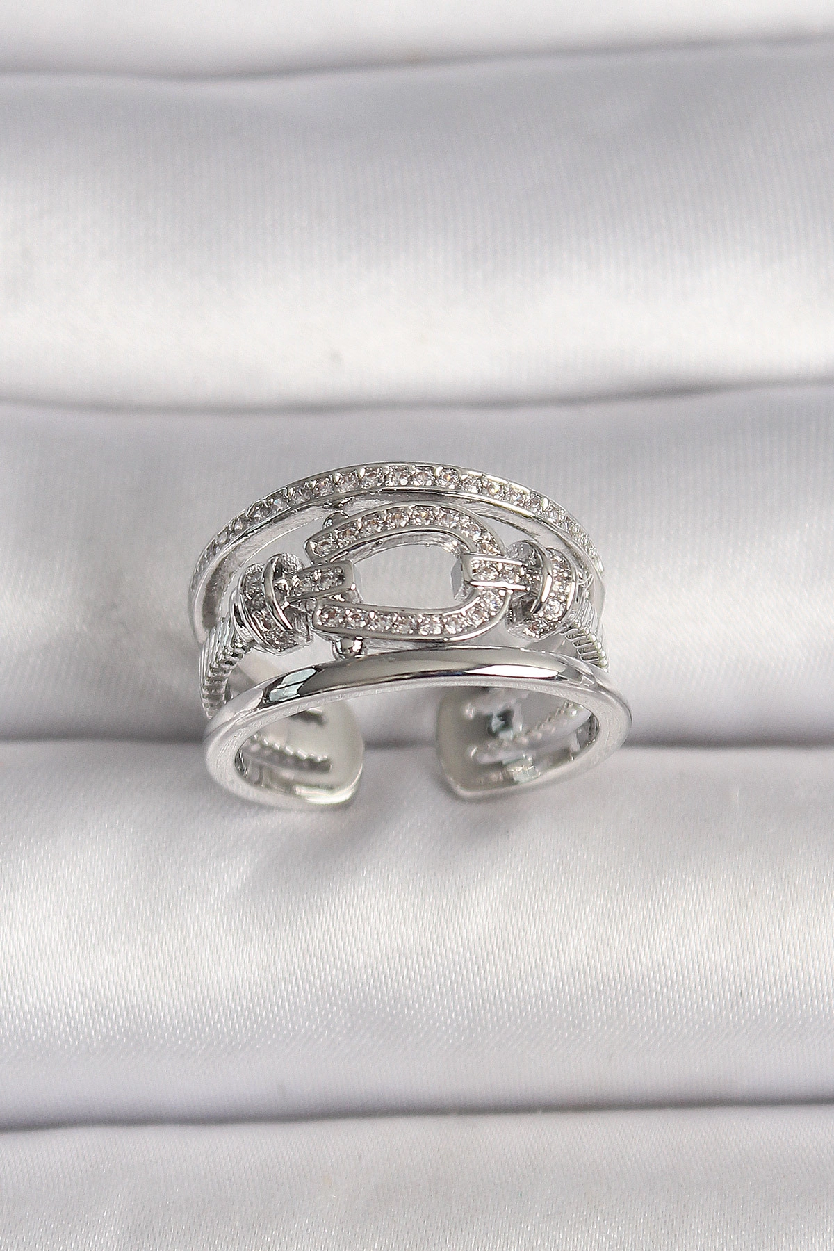 Pirinç Gümüş Renk Ayarlanabilir Zirkon Taşlı Gemici Düğüm Model Kadın Yüzük-0