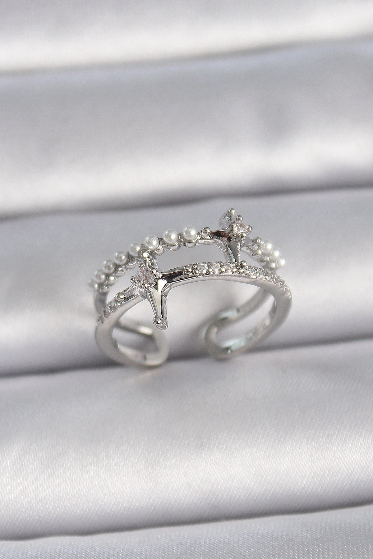 Pirinç Gümüş Renk Ayarlanabilir Zirkon Taşlı Kutup Yıldız İnci Detay Kadın Yüzük-0