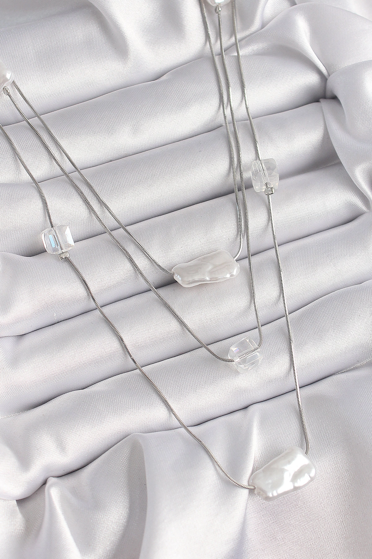 Pirinç Gümüş Renk Ezme İnci Model Çoklu Kadın Kolye-0