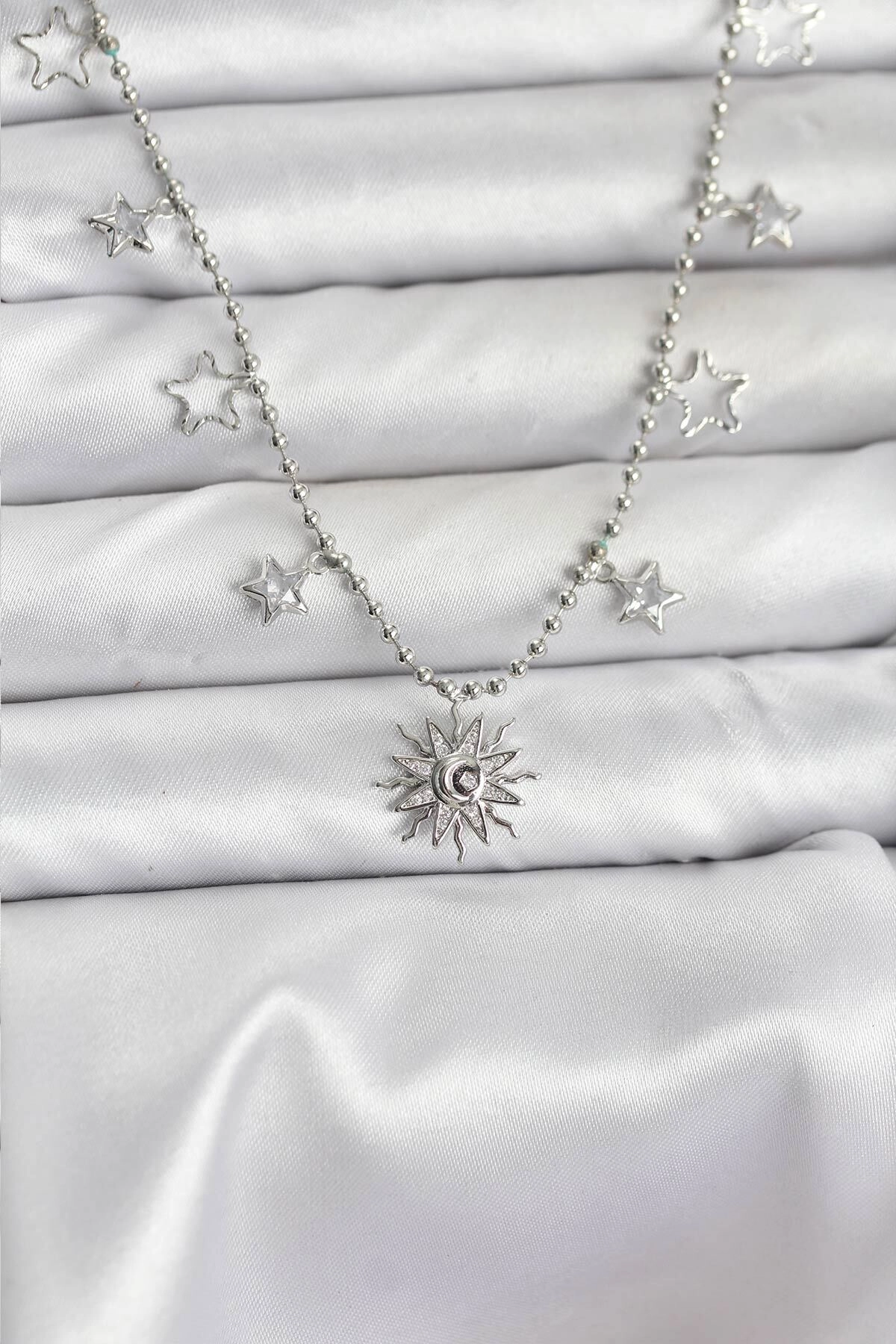 Pirinç Gümüş Renk Güneş Model Kadın Kolye-0