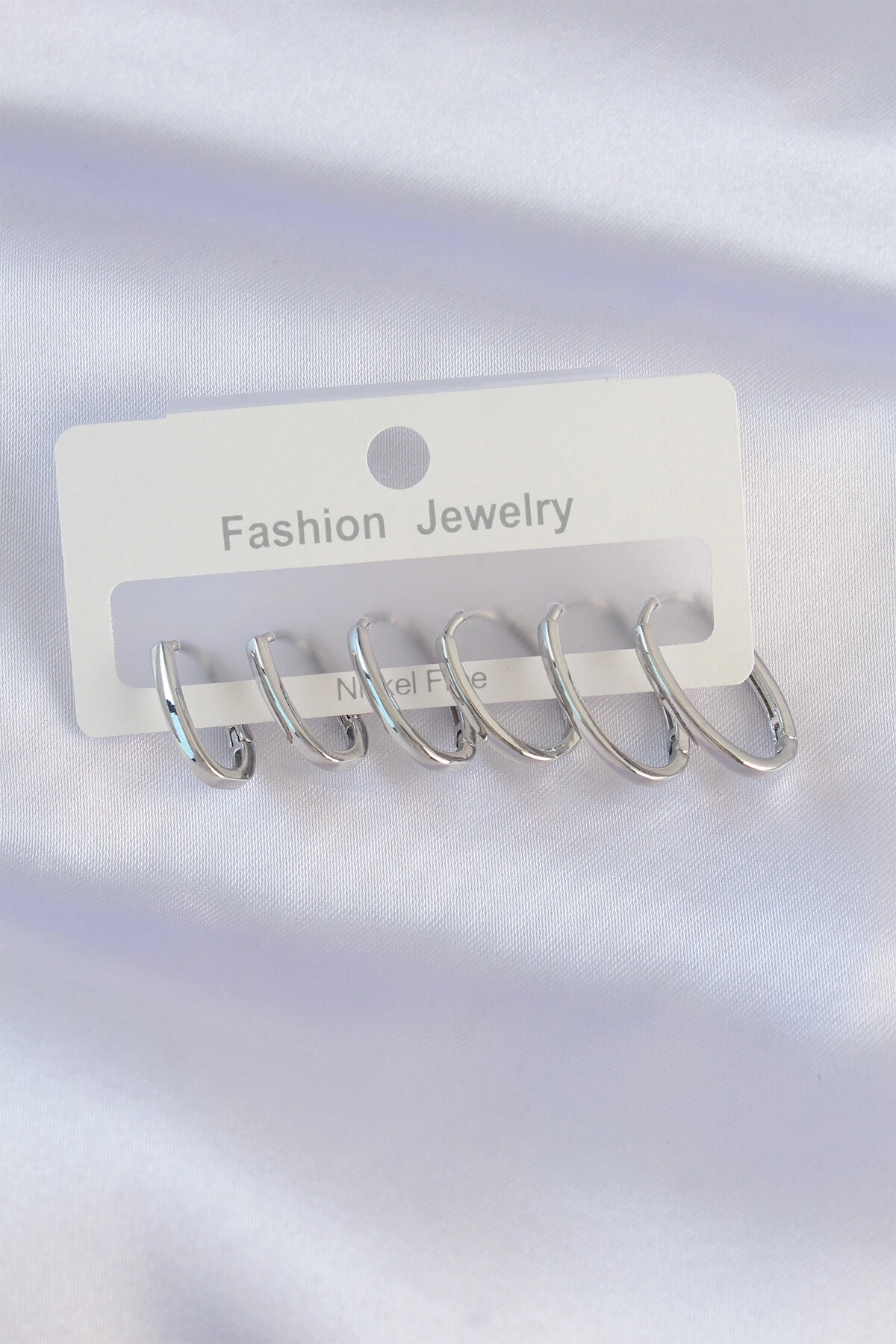 Pirinç Gümüş Renk İnce Oval Küpe Seti-0