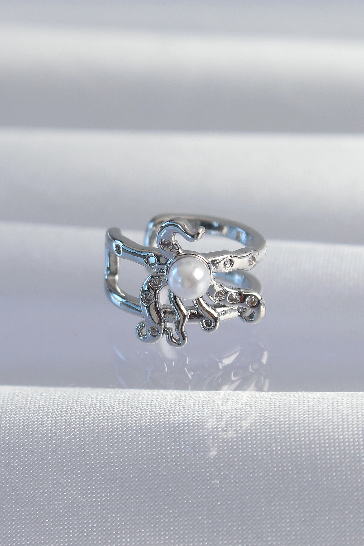 Pirinç Gümüş Renk İncili Ahtapot Earcuff Küpe-0