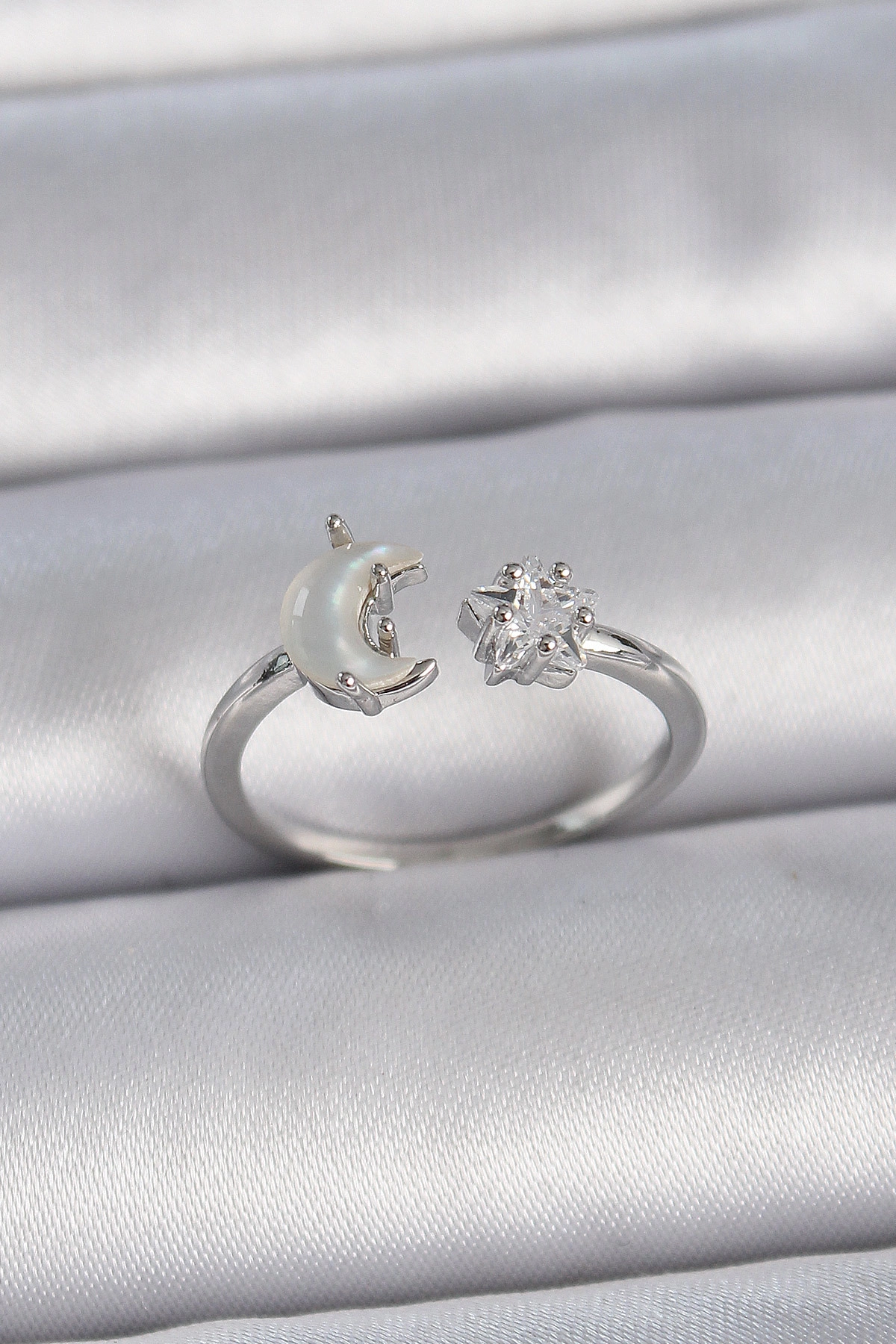 Pirinç Gümüş Renk İncili Hilal Zirkon Taşlı Yıldız Ayarlanabilir Kadın Yüzük-0