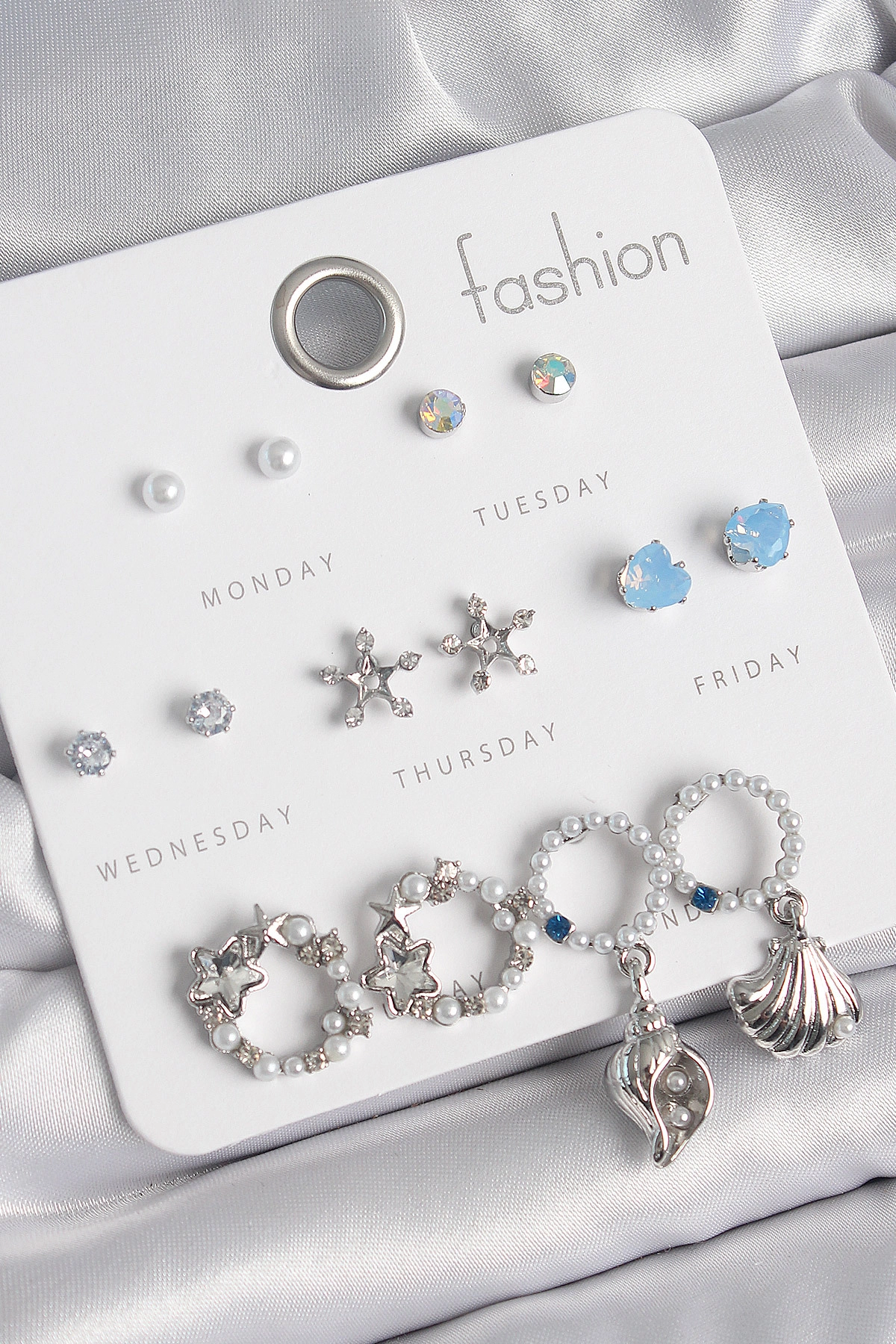 Pirinç Gümüş Renk İncli Zirkon Taşlı Halka Figür Yıldız Detay 7 Çift Kadın Küpe Seti-0